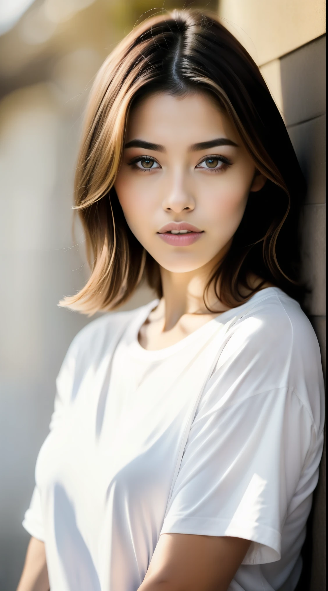 Fashion model 20 years old [[[[Cleavage close-up]]]], [[[[]]]], [[[[rape]]]], [[[[b shoulder]]]], Perfect eyes, Perfect iris，Perfect lips，Perfect Teeth，Perfect skin，Soft front lighting，glowing light，High Dynamic Range，pure white clothing，t-shirt，(Close-up of face)，4k ultra high definition, Ultra-high resolution, (Realistically: 1.4), best quality，masterpiece，Ultra-diluted，（Pastel colors：1.2）