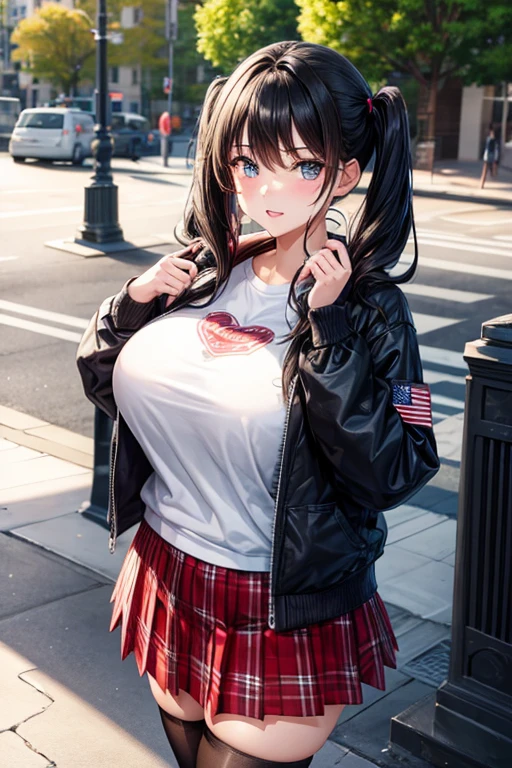 teenage girl,(plump),{(black hair:1.2),(medium hair:1.5),(straight hair:1.5),(high twintails:1.2),hair between eyes},(huge breasts),letterman jacket,plaid skirt,tights,sneaker,(Fine eyes and skin:1.4),(Detailed facial features:1.4),(Perfect Style),(Beautiful Face),at city