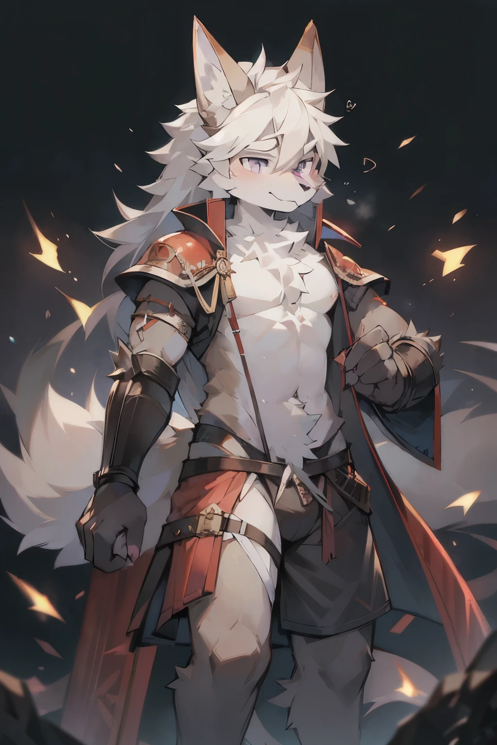 double,hairy man,hairy chest,coyote,Straightforward,gray fur,long white hair,The ends of the hair are purple.,purple eyes,Bullied,cute,handsome,big tail,full body,samurai,wear armor,protracted action,on the battlefield,