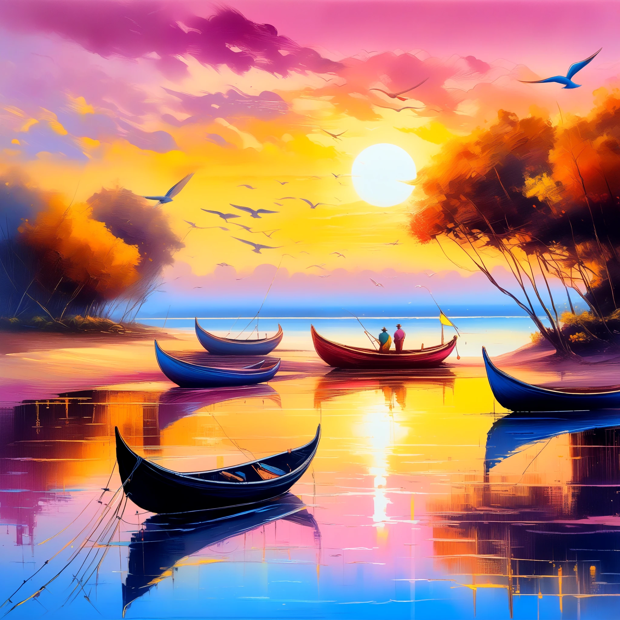 (8k, best quality, masterpiece: 1.2), (best quality: 1.0), (ultra highres: 1.0), (oil painting, impressionism style), anchored fishing boats, (fishermen from the Brazil, fishermen throwing and collecting nets with fish), reflection of the canoes in the calm and gentle river, (small waves on the beachfront on the yellow sand), pink sunset, beautiful sun reflecting on the river, 3 seagulls flying around of hammocks, (bucolic art, detailed painting, epic painting, full of colors and rich details), (extremely luminous and bright detailed painting drawing), (ink: 1.3), autumn lights