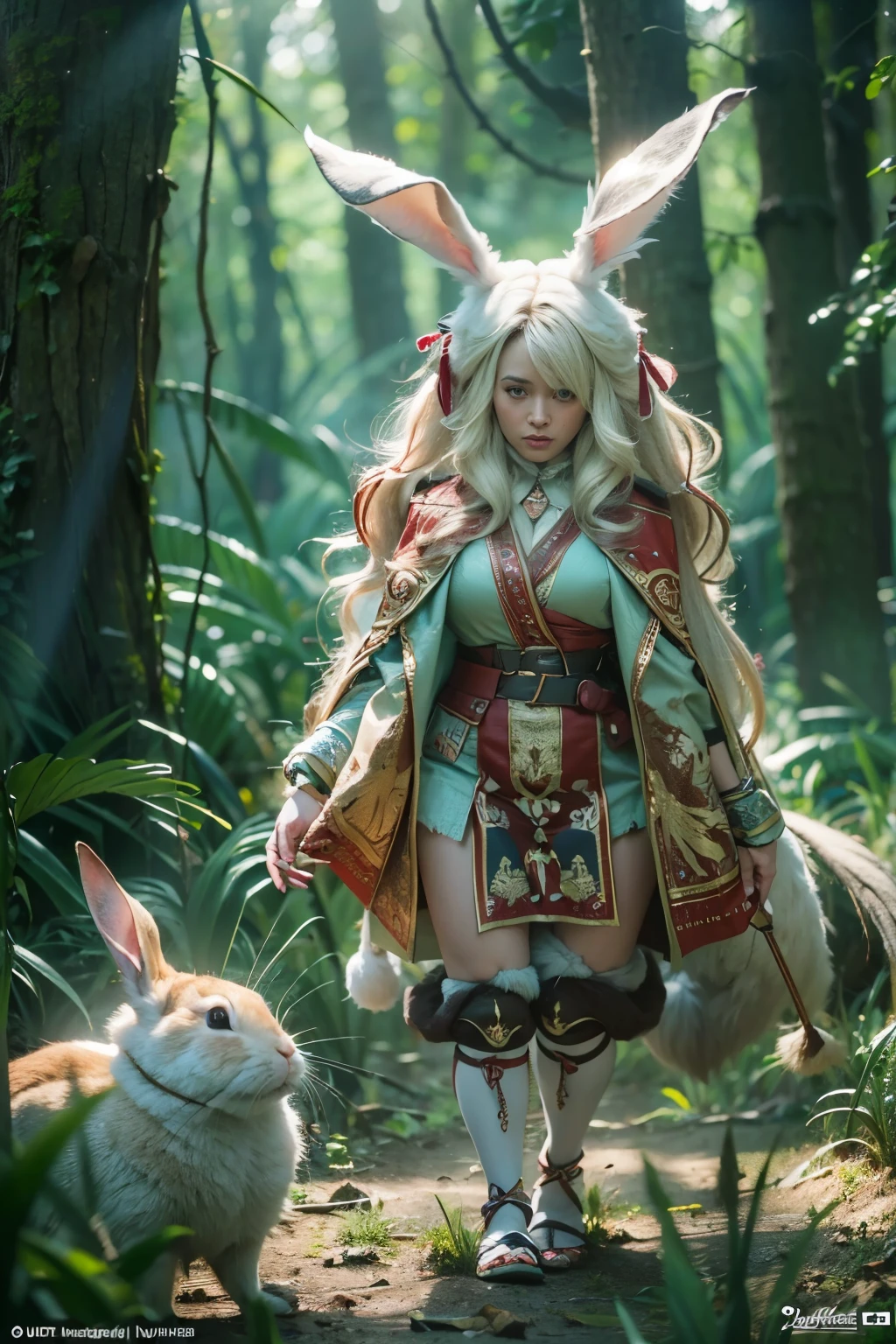 (masterpiece, best quality:1.2), (8k uhd, 16k, 32k, ultra high res), (photorealistic:1.37), (RAW photo), ultimate-realistic, ultimate-realistic details, ultimate-realistic texture, ultimate-intricate details, ultimate-realistic lighting, ultimate-realistic shadow, japanese girl, ultimate-cute face, ultimate-RAW skin, ultimate-realistic eyes, (rabbit beast woman), strong animal feeling, full body shot, Standing frightened in a mystical forest