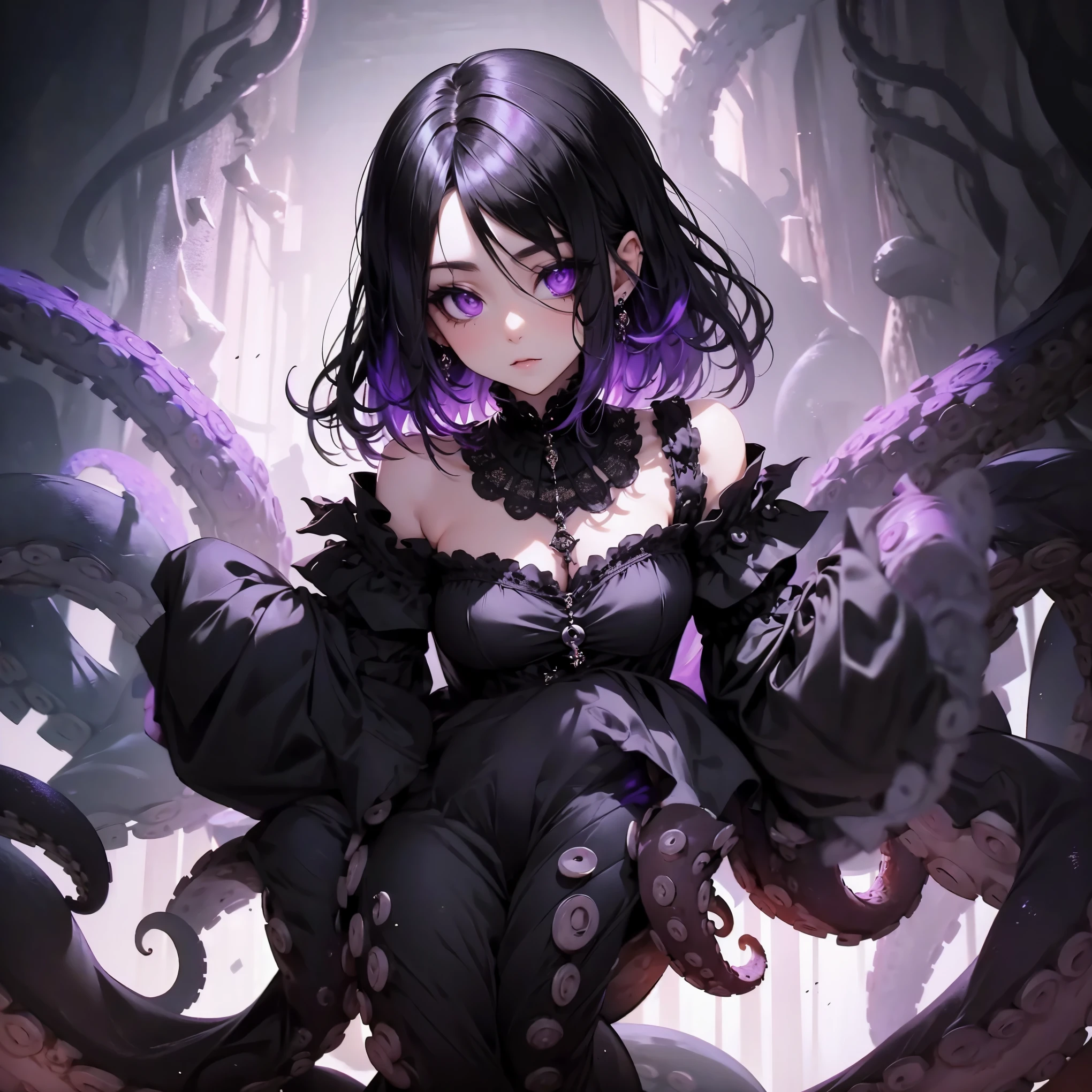 A girl whose lower body is a kraken. She's wearing a gothic dress. Her image colors are black and purple. jewelry accessories.