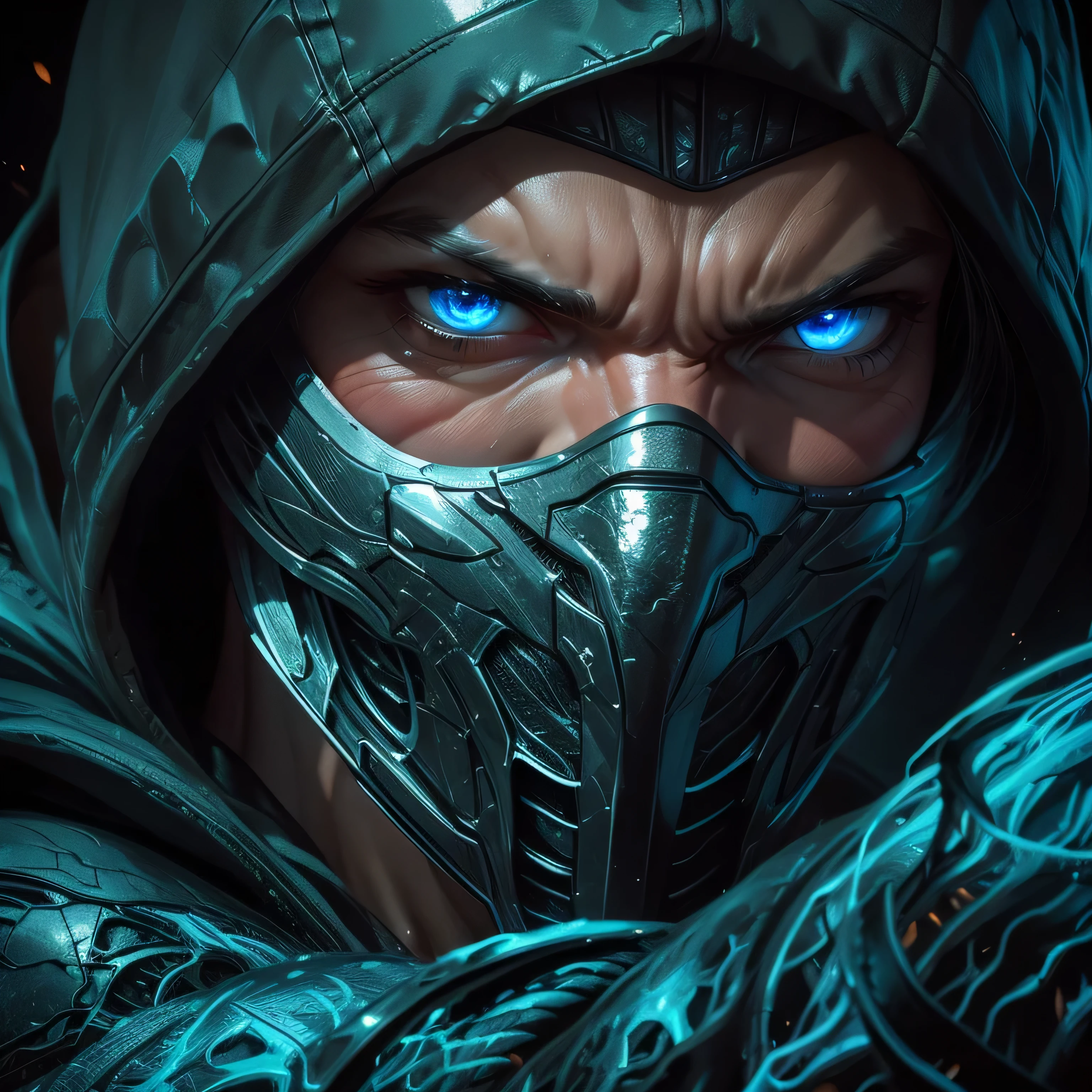 a close up of a man with a hood and blue eyes, character from mortal kombat, in mortal kombat, mk ninja, 4k detailed art, mortal kombat, ultra detailed game art, mortal kombat 11, 4k detailed digital art, wallpaper 4k, wallpaper 4 k, style of mortal kombat, 8k high quality detailed art, 8k stunning artwork