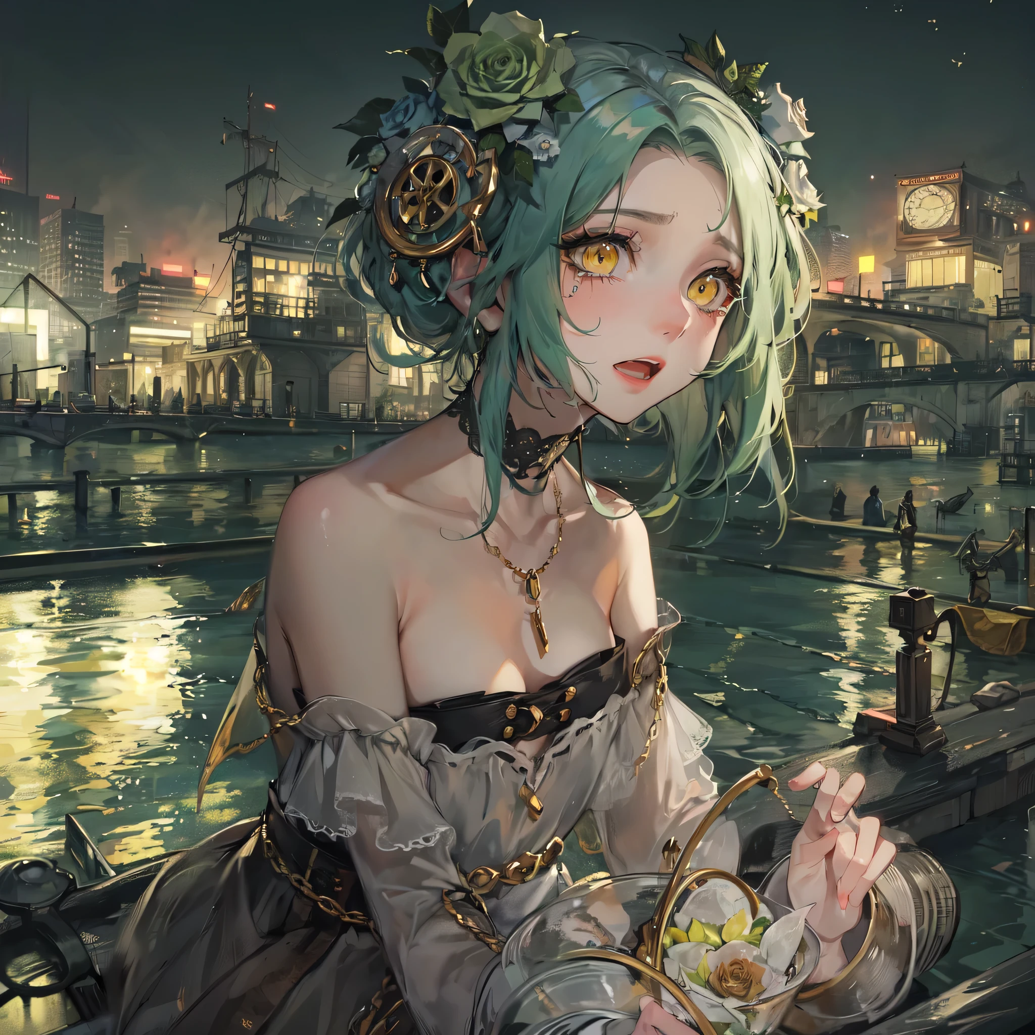 perfect anatomy, masterpiece:1.4, best highres, 16k, (in the night, the background is Steampunk city night view), (in the Hot spring hill), break,
(frontale:1.2) (solo:1.3 ponytail green hair long hair cute girl), (( yo)), (sad:1.4 yellow eyes), ((beautiful make up)), (Crying face, open mouth), break, (in a Layered yellow Off-the-shoulder dress with detailed green rose).