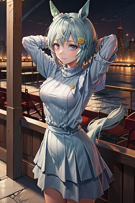 Seiun Sky (umamusume), sksbrooke person, sksbrooke, (masterpiece:1.2), (best quality:1.2), perfect eyes, perfect face, 1girl, solo, brown eyes, (medium breasts), perky breasts, seductive look, light blue sexy virgin killer sweater dress, porch, arms crossed