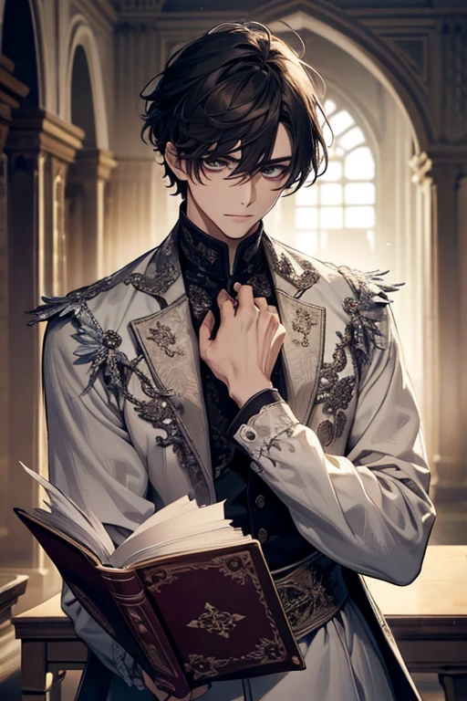 1 homem, calm, adulto, cara de 35 anos, short messy hair with bangs, cabelo branco, Realeza, Principe, usa roupas pretas, em um castelo, adulto face, Two hands, sentado em uma mesa com um livro, adulto face, tempos medievais, fechar-se,  calm