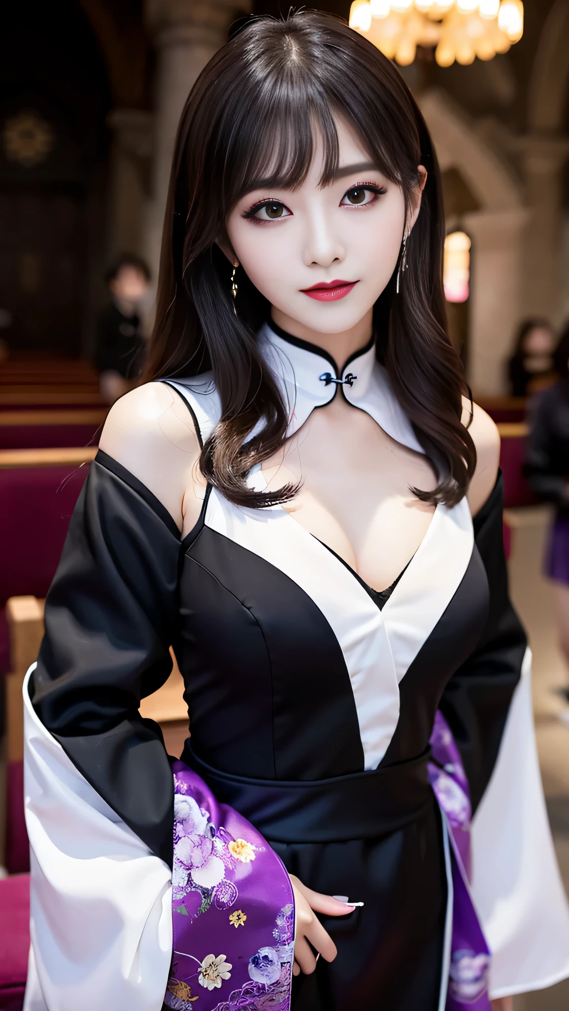 2girls、best quality、ultra-detailed、4k、Japanese、Seductive beauty、seductive adult woman、Pretty Woman、cool girl、Villainess、Brainwashed、brainwash、Fallen into evil、smirk、Evil look、Wicked Smile、evil、Brown hair、wavy hair、swept bangs、dark makeup、dark makeup、piercing eyes、hollow eyes,half-closed eyes、Hollow Eyes、Purple Eyeshadow、black lipstick、black lipgloole around the mouth、Long Black Cheongsam、Wide sleeves、night、inside church、makeup brush、Are standing、