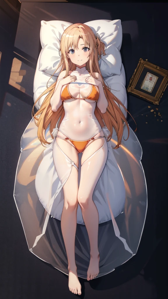 2 girls, the best, masterpiece, HD, (whole body), Symmetrical, Solitary, (whole body from head to toe), ((Moro Liberation Front)), slingshot bikini, unrealistic, (( Camel toe)), ((((translucent bikini)))), ((((translucent)))), ((((transparent)))), (((transparent clothing))), whole body视图, Look toward the camera, ((Life-size pillow)), ((dakimakura)), (Lying in bed),Physically Based Rendering, Beautiful women, Perfect body, Smile, bedroom, Giant breast, Barefoot, toe
