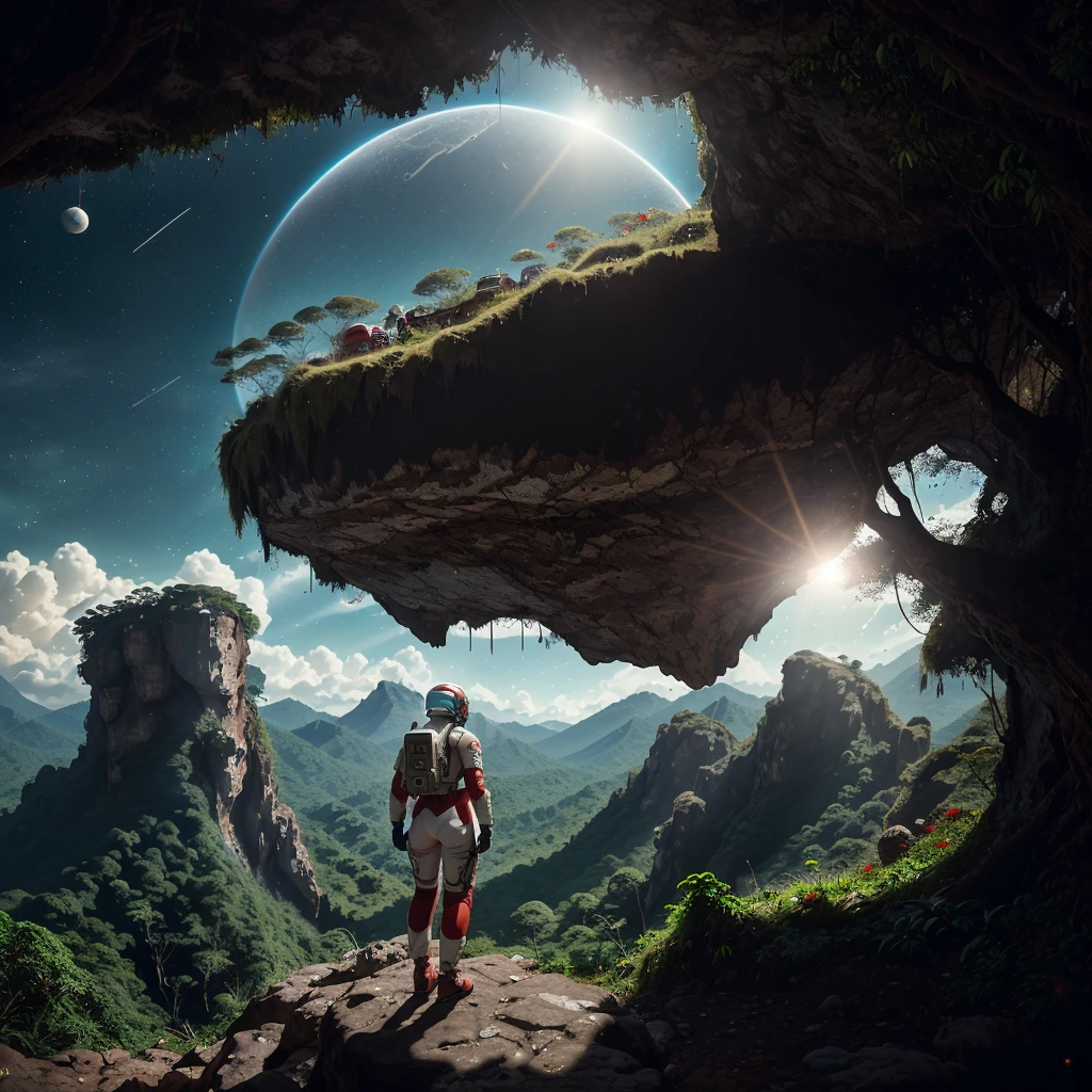 (35mm style:1.2), Highly detailed RAW color photo, rear angle, full body, of (female space marine, perfect body, wearing a white and red spacesuit, futuristic helmet, face shield, recycler, accented booty), outdoors, (Standing looking at the horizon Mountainous Jungle , Looking at the magical lush rainforest on an alien planet), vivid detail, (exotic alien planet), Toned body, big butt, (sci-fi), (mountains:1.1), (lush green vegetation), (two moons in sky:0.8), (Highly detailed, hyper detailed, intricate), (Lens flare:0.7), (bloom:0.7), particle effects, ray tracing, cinematic lighting, shallow depth of field, photographed with a Sony a9 II, 35mm wide angle lens, Sharp focus, Cinematic still from Gravity 2013, viewed from behind, dynamic angle