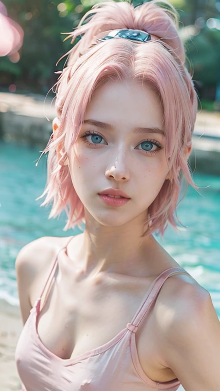 young woman, short shoulder-length pink hair, wide forehead, porcelain skin, pink eyebrows, big emerald green eyes, buttoned nose, full lips, heart-shaped face, slender body, small breasts, red tank top, Sakura Haruno , realistic, realism, details, 3d, well detailed
