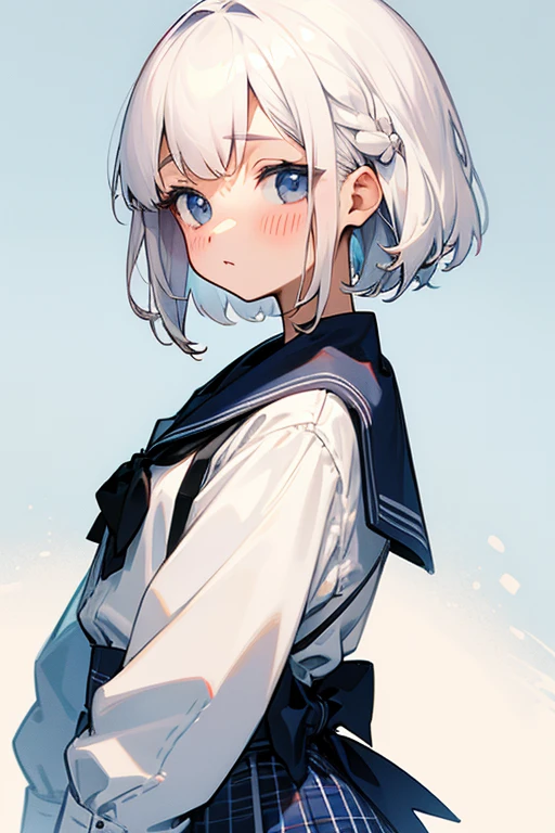 Short white hair, blush, Navy and white checked outfit、Braiding、up