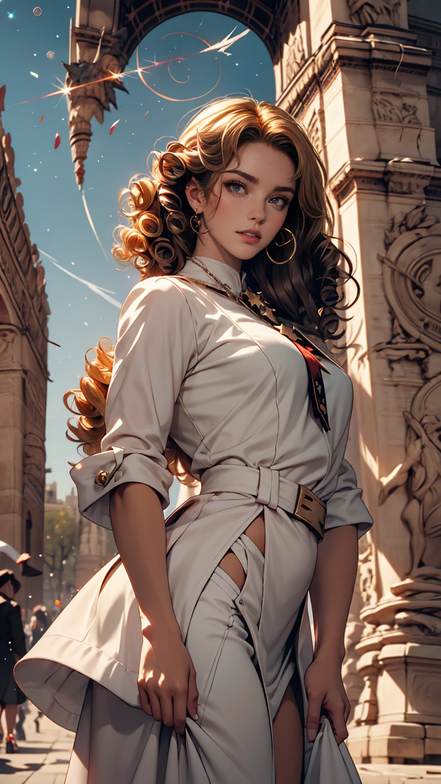 cyber punk, One girl, thin, Wearing a cardiovascular technician's uniform, (Eyestrain Hair, Spiral Curl Hair:1.36), Faint lips, Various postures, Severe,, (freckles:0.5), (Kuroko:0.3), (Skin spots, Acne, skin scars, Stains, Fluff:0.3), From below , In (Star of the Arc de Triomphe:1.4), , Trending on Artstation,, spring,, evening,, Natural Hand 2-3500 最高品質, Beautiful and delicate lips, Delicate fingers, Detailed pupil, figure, Natural Hand 2-3500