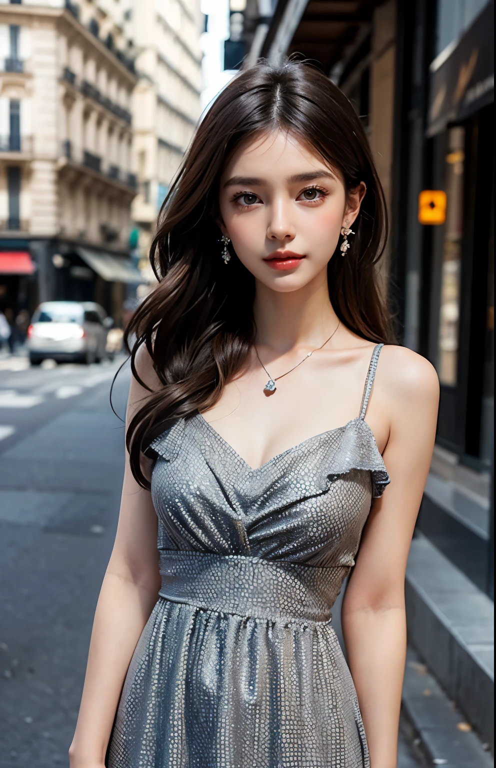 ((masterpiece, best quality)), (extremely detailed CG unity 8k wallpaper, masterpiece, best quality, ultra-detailed, best shadow), (detailed background), (beautiful detailed face, beautiful detailed eyes), High contrast, (an extremely delicate and beautiful), ((Beautiful girl: 1.2)), dynamic angle, beautiful detailed glow, realistic, 20 years beautiful girl, 1girl, solo, long hair, jewelry, necklace, black hair, Starfish pink Sundress, ((Sundress: 1.2)), looking at viewer, realistic, wavy hair, grey eyes, lips, earrings, Paris streets, Paris shoping, Paris ruins, Paris Roads, round young breast, slender girl, perfect figure, Ultra HD, Ultra Realistic, ((realistic: 1.2)), ((smile: 1.2)), ((detailed Dress)), ((detailed background)), ((detailed face)), ((High resolution picture)), ((high quality dress)),