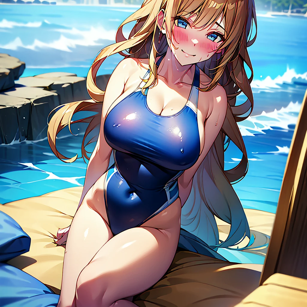 Big Breasts、Blue embellished swimsuit、Shy face、blush、Big 、Sandy Beach、Beach、smile、bikini