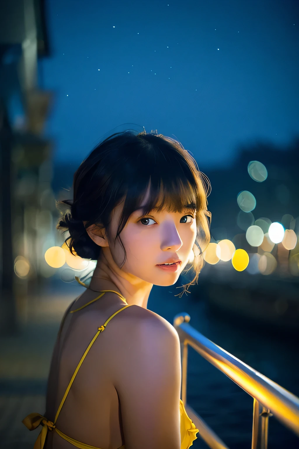 Japanese girl wearing bikini on sailing boat,Looking into the camera and looking at the audience。 Tablets、Bangs、victory curls、Gray Eyes、A little m、Mouth slightly open、Upper teeth、high pubic bone、Narrow chin、Natural Beauty、slender waist、Yellow-brown lines、Fine eyes、night photography、beauty at night、city lights、Starry Sky、Astronomical wonders、Moonlight Mountain View、Urban Light、Capturing the Essence of Darkness、ethereal atmosphere、dramatic shadows、Magical atmosphere、long exposure technique、Experts use light sources