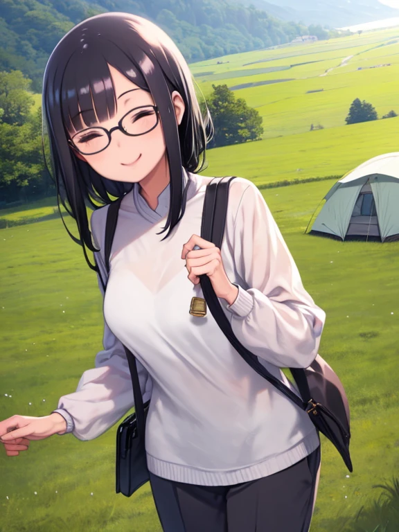 masterpiece, highest quality、Super Detail、Medium Wide Shot、Mature Woman、Thin eyes、Smiling with eyes closed、((Long Black Hair))、Trimmed bangs、Round Glasses、Long trousers、Are standing、Smiling、camp site、grassland