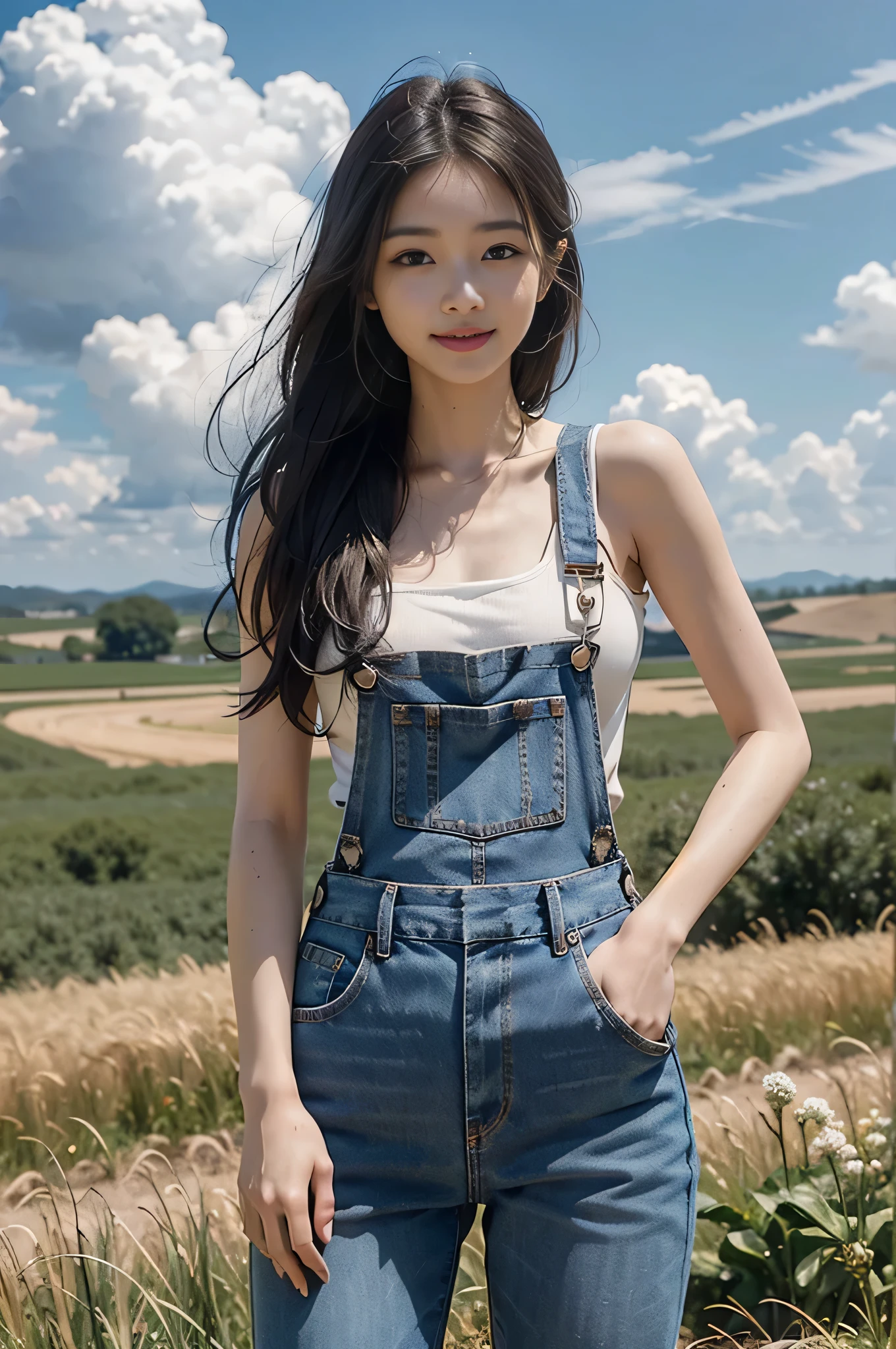 highest quality, Ultra-high resolution, masterpiece, Photorealistic: 1.8), pore, Accuracy, Wheat field, countryside、Nature、 High and wide, White clouds overhead, Sky, face is in the center of the screen, Denim overalls, Tank top、Small breasts, Pale white light, young woman, Tie your hair back, Dark Eyes, smile, smile, Stand on the ground with your feet apart、Hands on hips、 A glimpse of the chest, Detailed Description, 23 years old, cute,With smile、Open your mouth wide、White teeth、