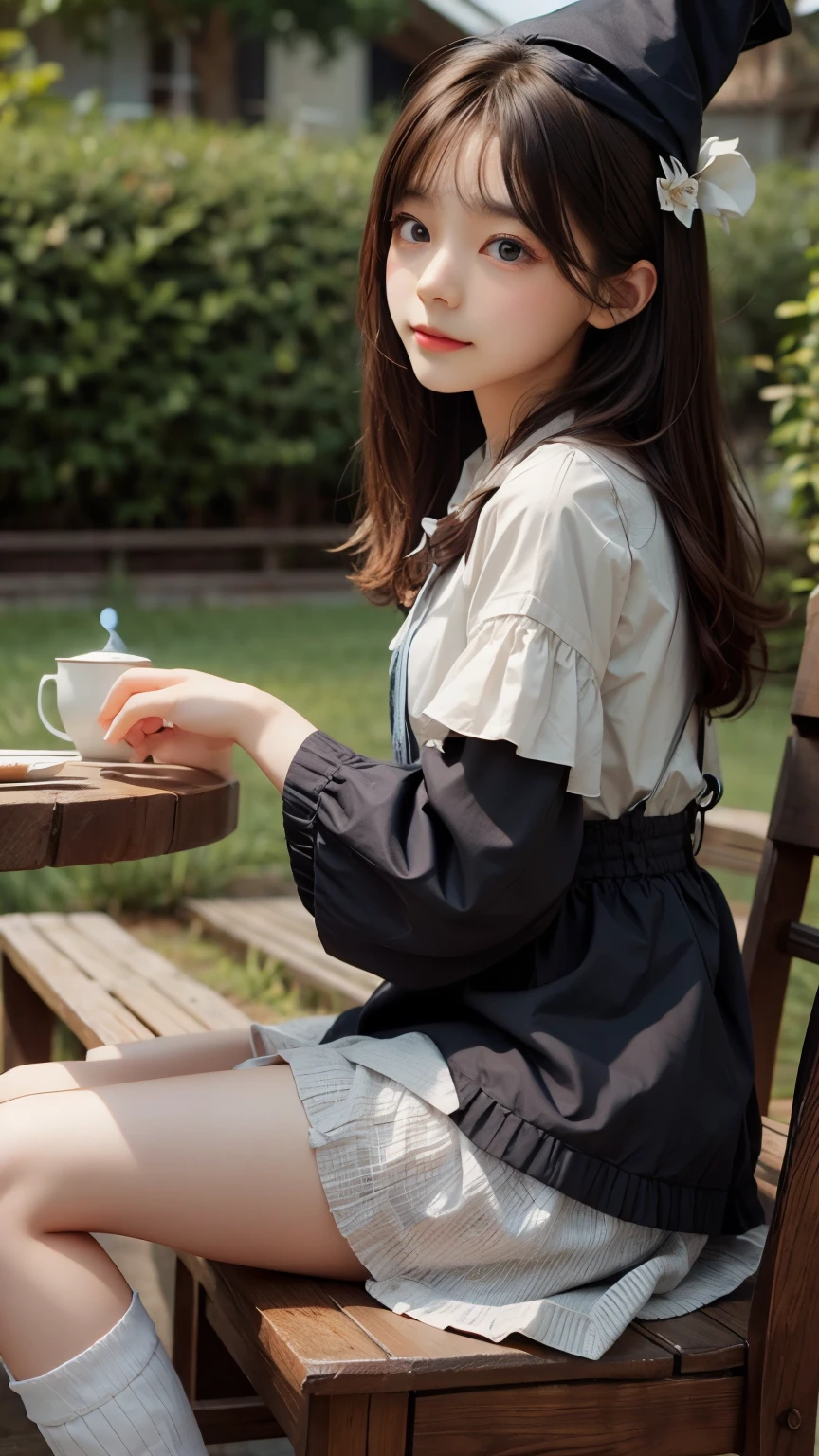 Araffe girl sitting on a bench with a cup of coffee - SeaArt AI
