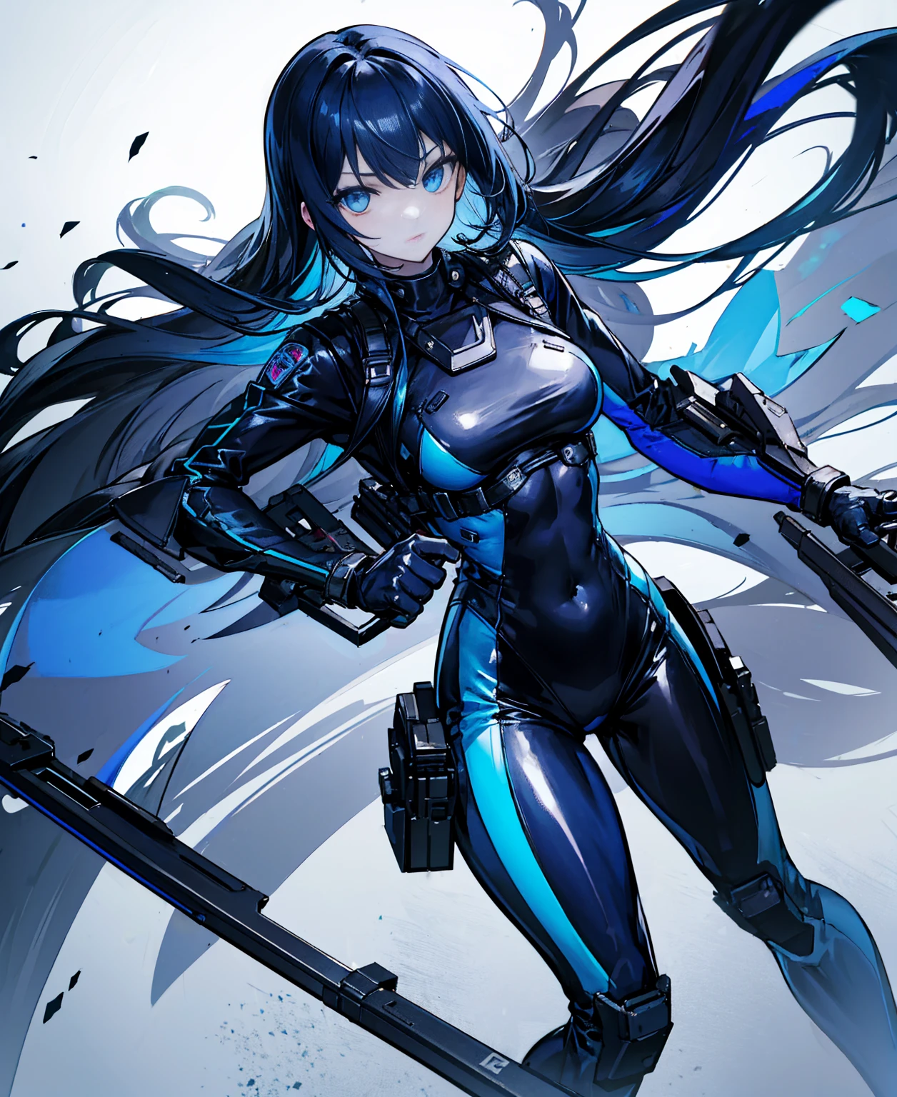 There is no background，girl，Carry a firearm，Patent leather tight suit，Use of firearms，Navy blue long hair，attention arousal，Blue colored eyes,No gradients