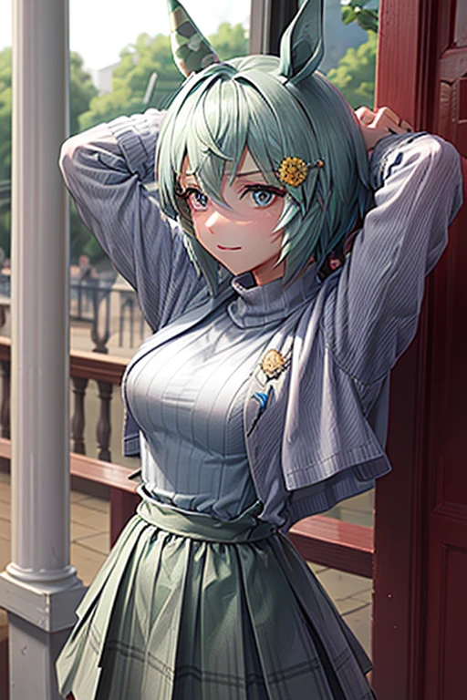 Seiun Sky (umamusume), sksbrooke person, sksbrooke, (masterpiece:1.2), (best quality:1.2), perfect eyes, perfect face, 1girl, solo, brown eyes, (medium breasts), perky breasts, seductive look, light blue sexy virgin killer sweater dress, porch, arms crossed