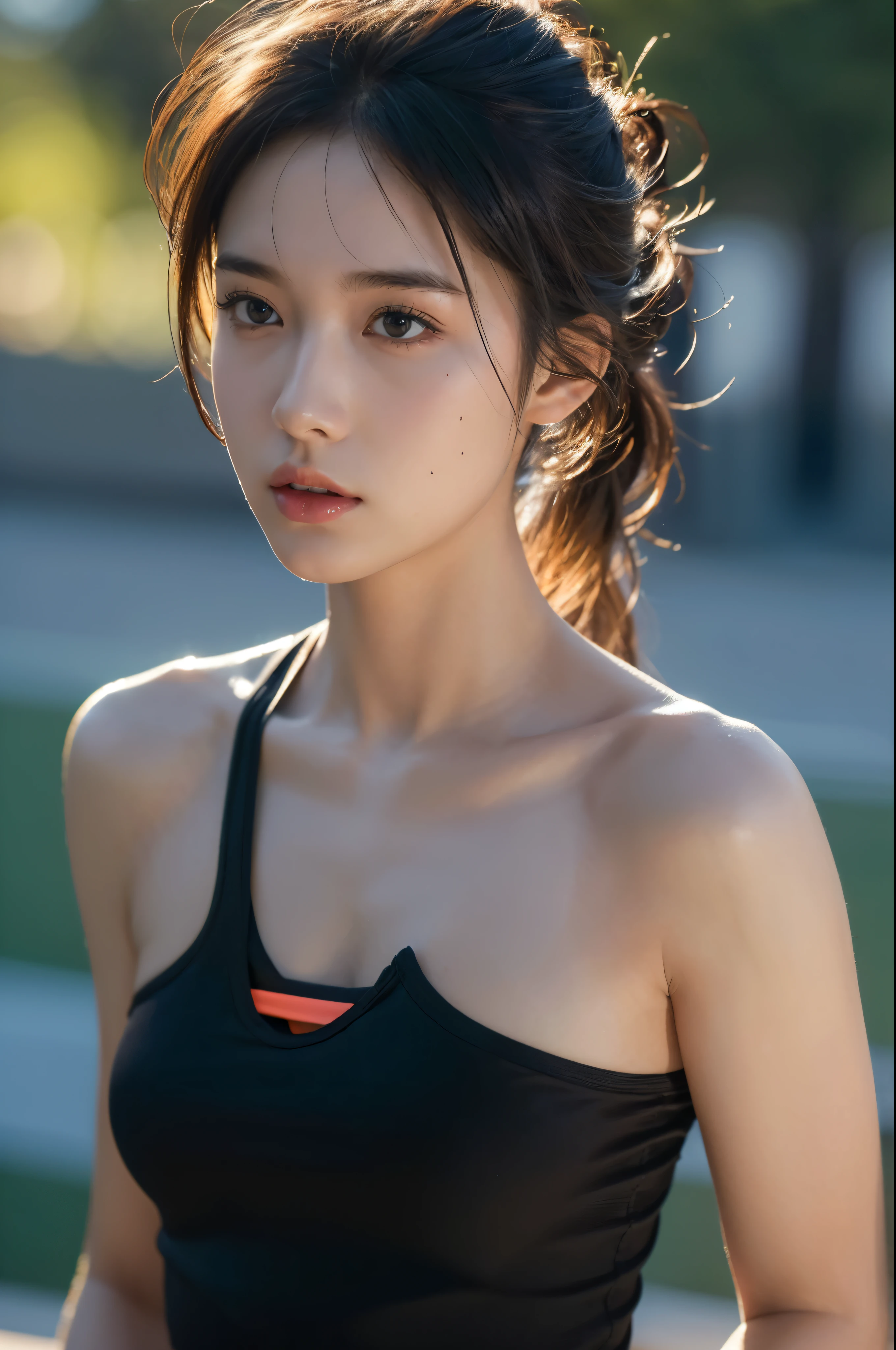 16, girl, , black, (best quality, 4K, 8K, high resolution, masterpiece:1.2), Super detailed, (actual, lifelike, photorealistic:1.37), sportswear, bright colors, dramatic lighting