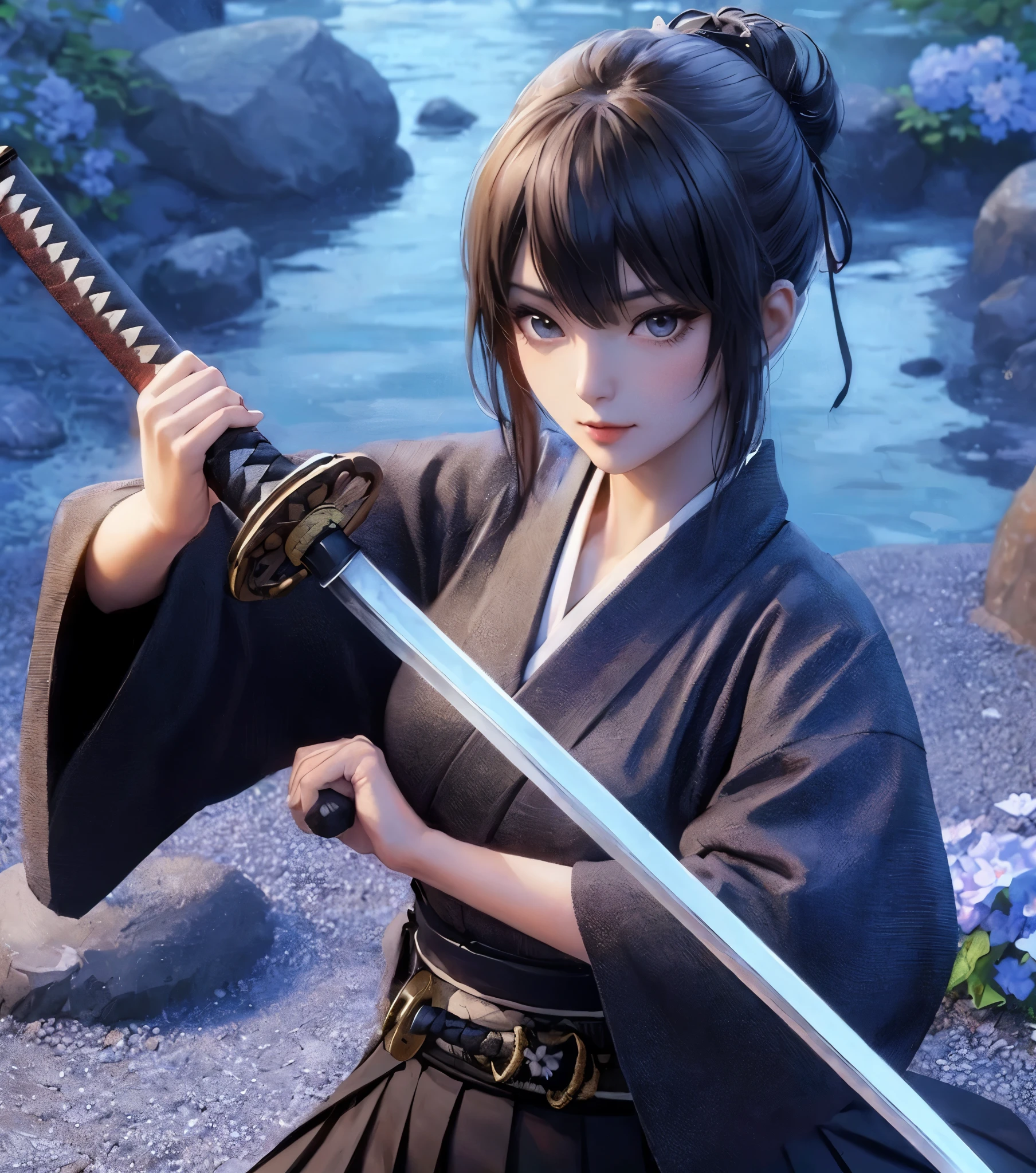 1lady standing, (holding Japanese sword), (black kimono) (black hakama), mature female, /(black hair/) bangs, cool expression, (light smile:0.5), dignified, (masterpiece best quality:1.2) delicate illustration ultra-detailed, medium breasts BREAK (holding (katana sword:1.2)), (blade shimmering), (holding sword sheath) BREAK (sacred rocky area) outdoors, waterfall, Japan, noon, detailed background