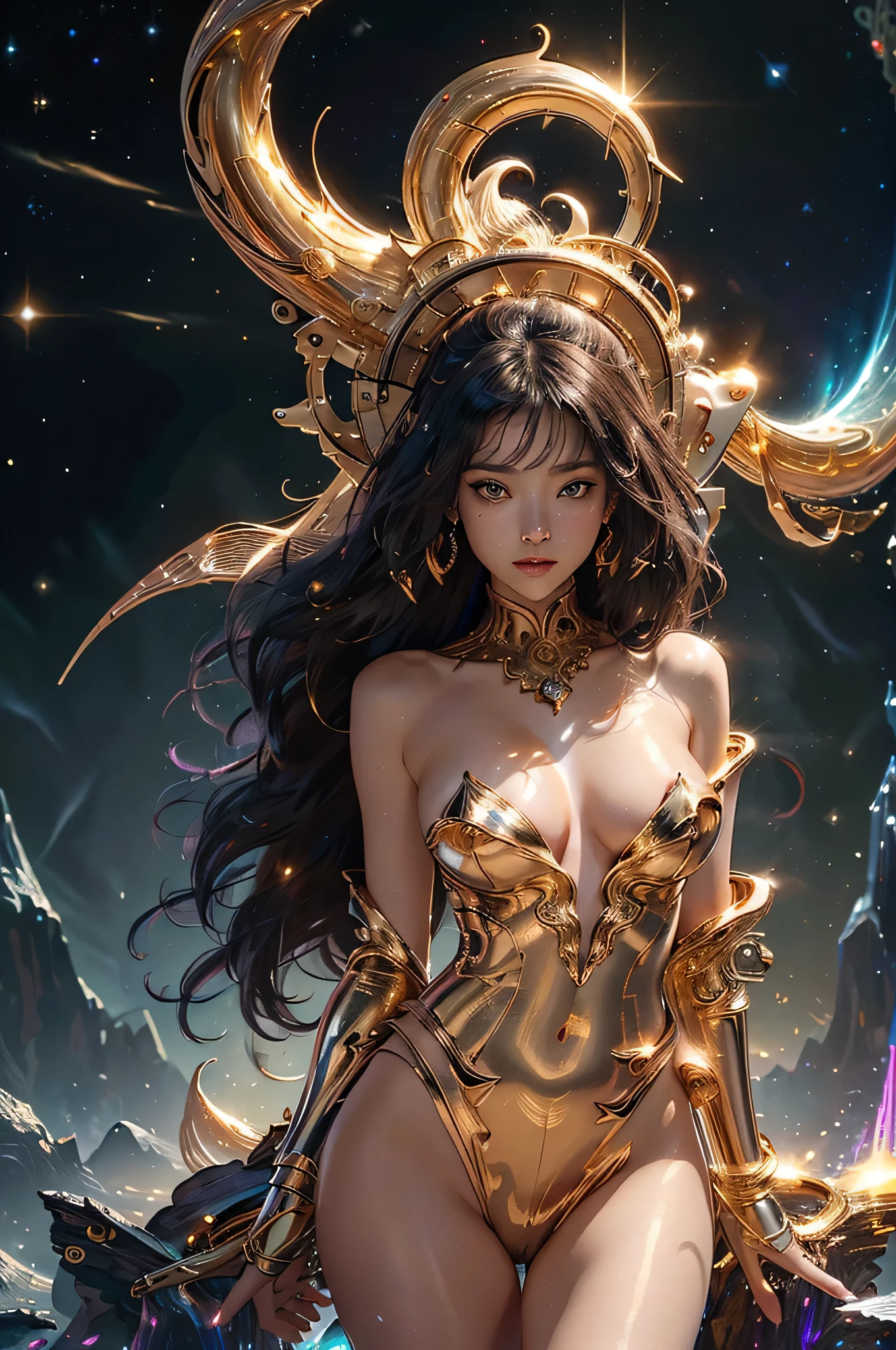 ((best quality)), ((masterpiece)), (detailed), perfect face, Body composed of galactic gold liquid and black fog, natural, ((Complex galactic metallic colors in the foreground)), fluid dynamics, black and gold, Onyxia, metallic color palette g0s1, big bust, pink nipples, black and gold dress, upper body nude, naked breasts, Exposed breasts, Long black hair with thick waves, Milky Way Galaxy background, middle of space, orgasm, Face horny from sex, arrogant expression, golden iris, brilliant golden halo, full body image, elegant, romanticism, The most beautiful form of chaos.