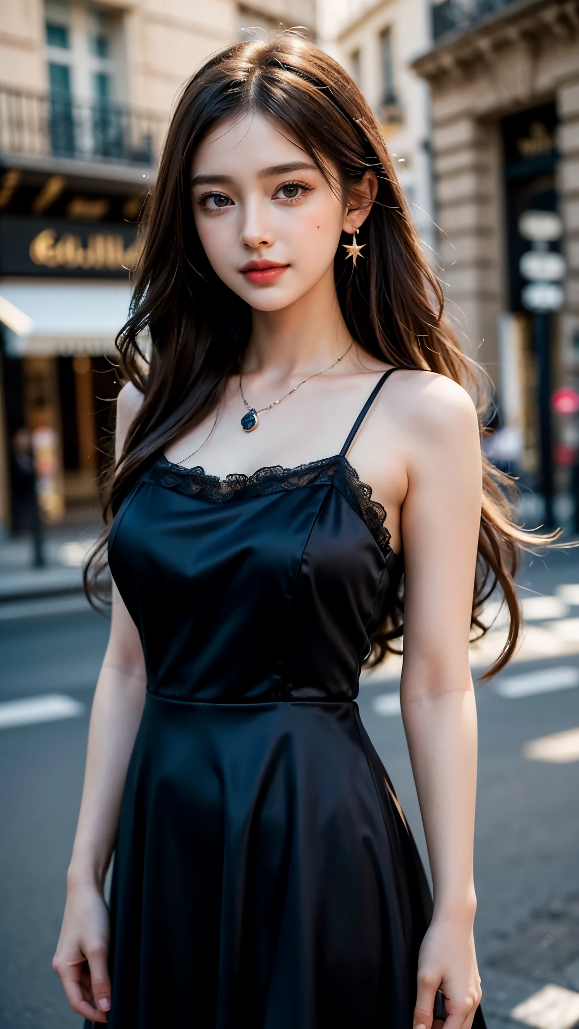Best quality, masterpiece, ultra high res, photorealistic, raw photo, unity 8k wallpaper,((masterpiece: 1.2)), ((best quality: 1.2)), (extremely detailed CG unity 8k wallpaper, masterpiece, best quality, ultra-detailed, best shadow), ((detailed background)), ((beautiful detailed face, beautiful detailed eyes)), High contrast, ((an extremely delicate and beautiful)), ((Beautiful girl: 1.2)), dynamic angle, beautiful detailed glow, realistic, 20 years beautiful girl, 1girl, solo, long hair, jewelry, necklace, black hair, Starfish satin Pink Sundress, ((Sundress: 1.2)), realistic, wavy hair, grey eyes, lips, earrings, Paris streets, Paris shoping, Paris ruins, Paris Roads, round young breast, slender girl, perfect figure, Ultra HD, Ultra Realistic, ((realistic: 1.2)), ((smile: 1.2)), ((detailed Dress)), ((detailed background)), ((detailed face)), ((High resolution picture)), ((high quality dress)),