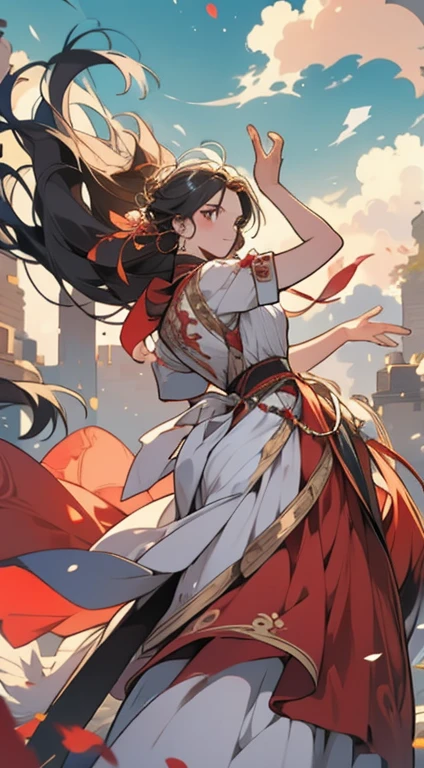 fechar-se, linda mulher rosto detalhado perfeito, long flowing hair, dress swaying in the wind, captured in a mid action pose, particles of poeira no ar,