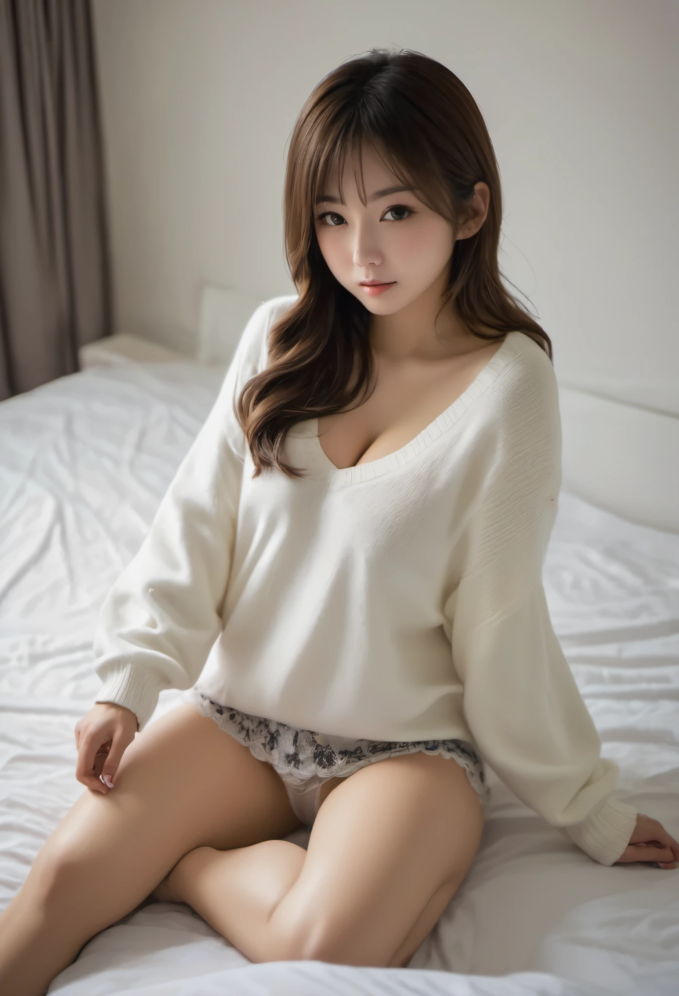 24 year old Japanese female, sitting on bed, both knees up, legs wide open, thighs, panties showing, panties emphasized, large white sweater, black shallow crotch panties, large breasts, cleavage, sexy expression, breast size F
