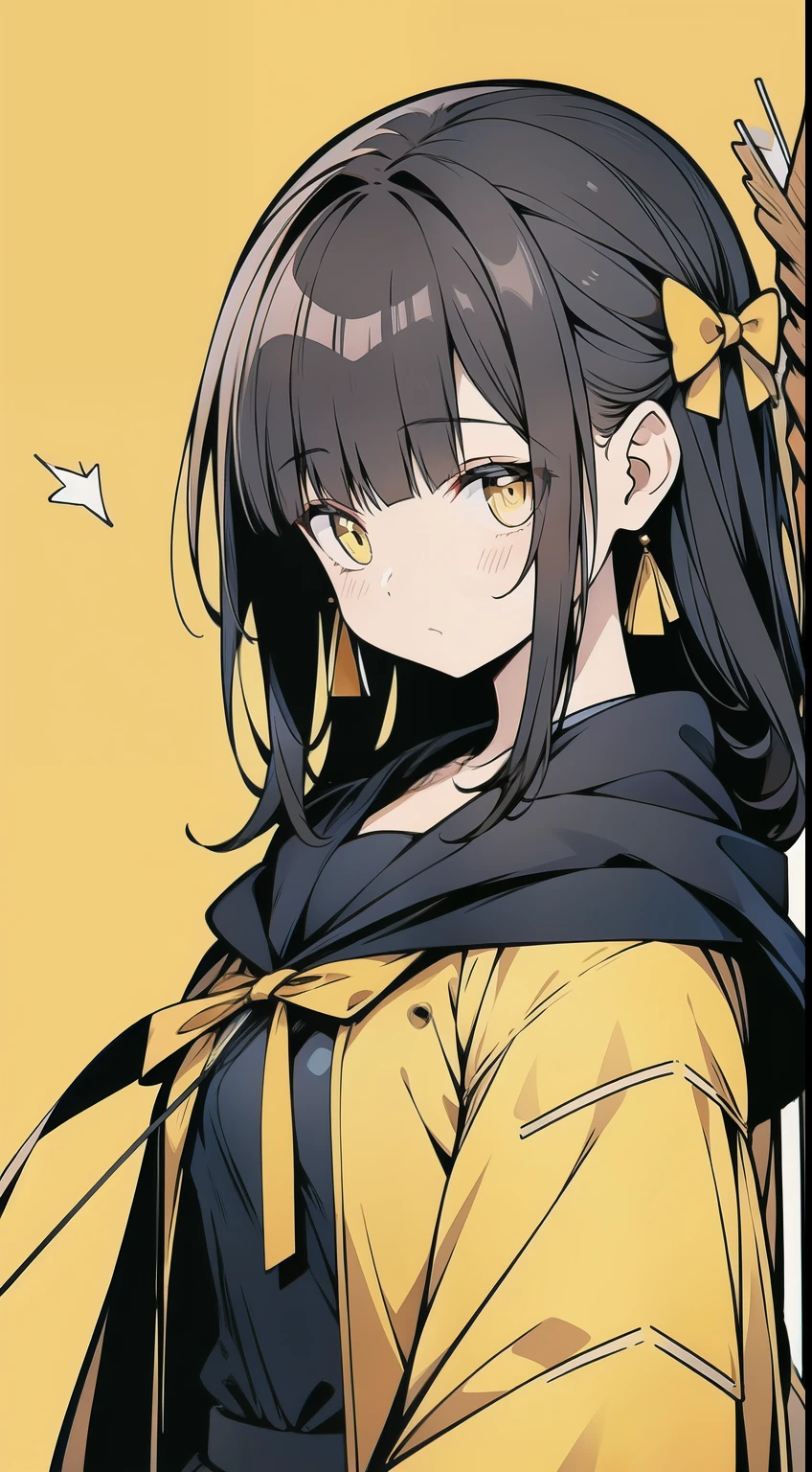 black hair, yellow clothes, Simple background, Bow, Arrows