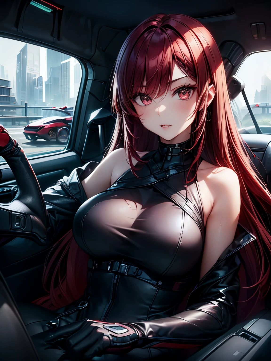 1girl, armlet, bag, bangs, bare shoulders, belt, black choker, car, car interior, choker, cleavage, collarbone, cosplay, dishwasher1910, dress, earrings, glint, ground vehicle, hair ornament, hair ribbon, handbag, holding, honolulu \(azur lane\), hoop earrings, jewelry, large breasts, long hair, looking at viewer, motor vehicle, necklace, no bra, parted lips, plunging neckline, red eyes, red hair, revealing clothes, ribbon, side slit, sideboob, sitting, solo, st. louis \(azur lane\), st. louis \(luxurious wheels\) \(azur lane\), thighs, twintails
