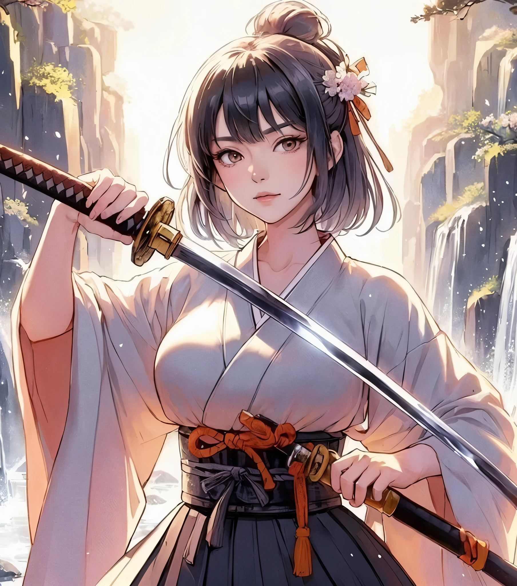 1lady standing, (holding Japanese sword), (beige kimono) (dark gray hakama), mature female, /(dark gray hair/) bangs, cool expression, (light smile:0.5), dignified, (masterpiece best quality:1.2) delicate illustration ultra-detailed, medium breasts BREAK (holding (katana sword:1.2)), (blade shimmering), (holding sword sheath) BREAK (sacred rocky area) outdoors, waterfall, Japan, noon, detailed background