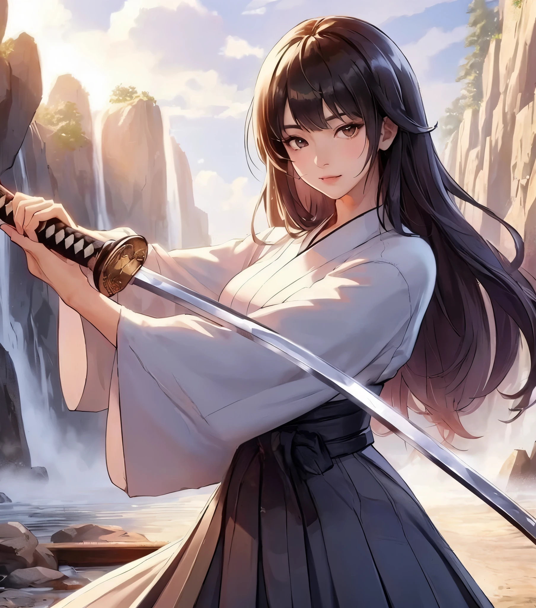 1lady standing, (holding Japanese sword), (dynamic posing), (white kimono) (dark gray hakama), mature female, /(dark brown hair/) bangs, cool expression, (light smile:0.5), dignified, (masterpiece best quality:1.2) delicate illustration ultra-detailed, medium breasts BREAK (holding (katana sword:1.2)), (blade shimmering), (holding sword sheath) BREAK (sacred rocky area) outdoors, waterfall, Japan, noon, detailed background