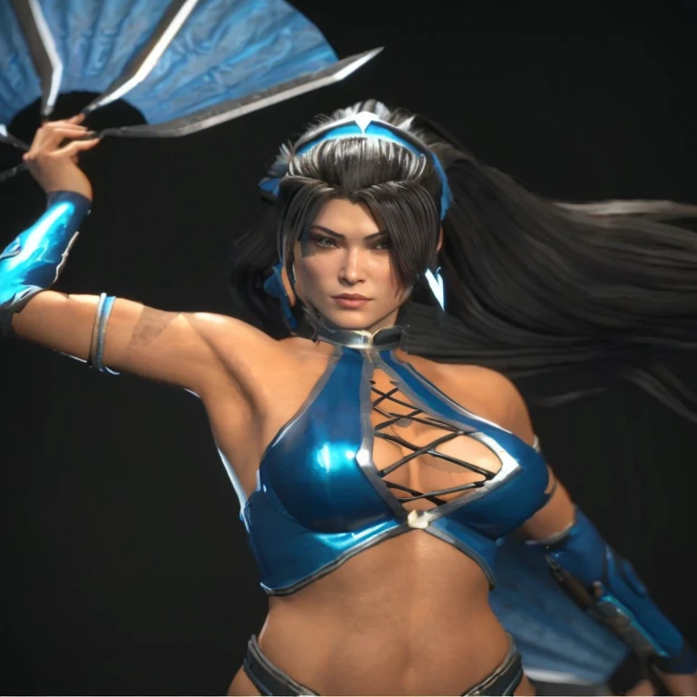 Gros plan d’une femme en tenue bleue tenant un éventail, personnage de jeu de combat, Kitana de Mortal Kombat, personnage de jeu vidéo Katana Zero, en tant que personnage de tekken, morts ou vivants 6, type germe ; Unreal 3D engine, inspired by Li Mei-shu, unreal engine character art, art du personnage de rendu 3D 8 k