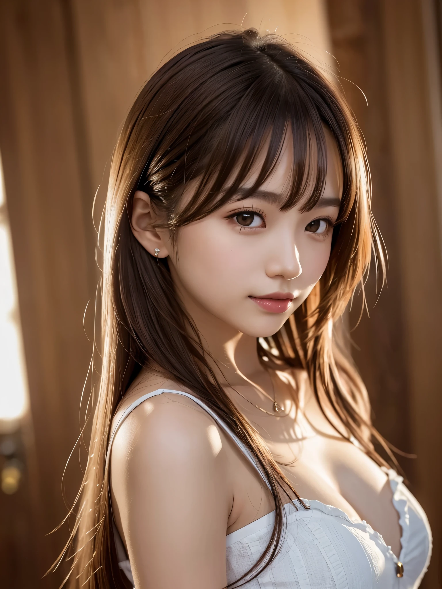 product quality, 1 girl, cowboy shot, front view, a Japanese young pretty girl, long bob hair, wearing a marriage ring, standing with a big smile in a luxury house, wearing only a sleeveless short length shiny satin red chemise with black lace, wet body, hyper cute face, glossy lips, double eyelids for both eyes, natural makeup, shiny smooth light brown hair of long bob hair, asymmetrical bangs, tanned skin, central image, 8K resolution, high detail, detailed hairstyle, detailed face, cinematic lighting, octane rendering, hyper realistic, perfect limbs, perfect anatomy