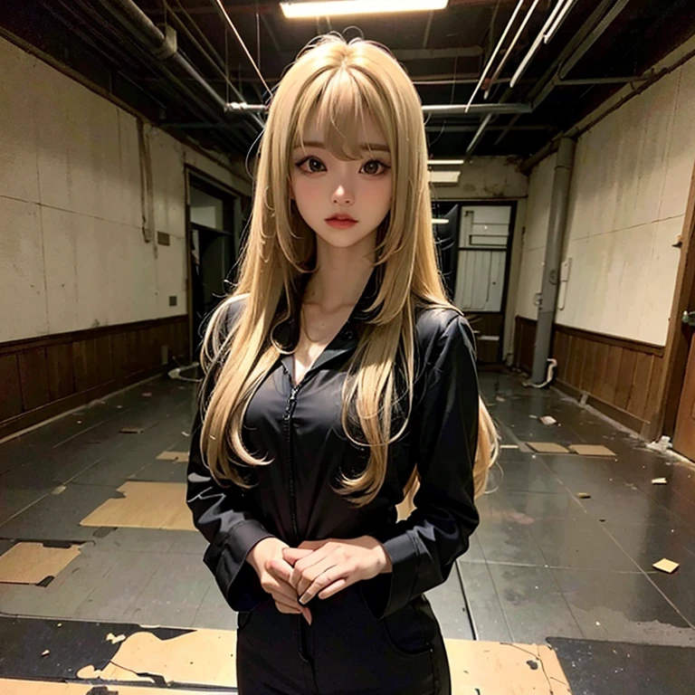 A woman with long blonde hair with bangs down to her eyebrows, she is wearing a black jumpsuit, she is in a dirty and abandoned place.She's a cute Korean girl