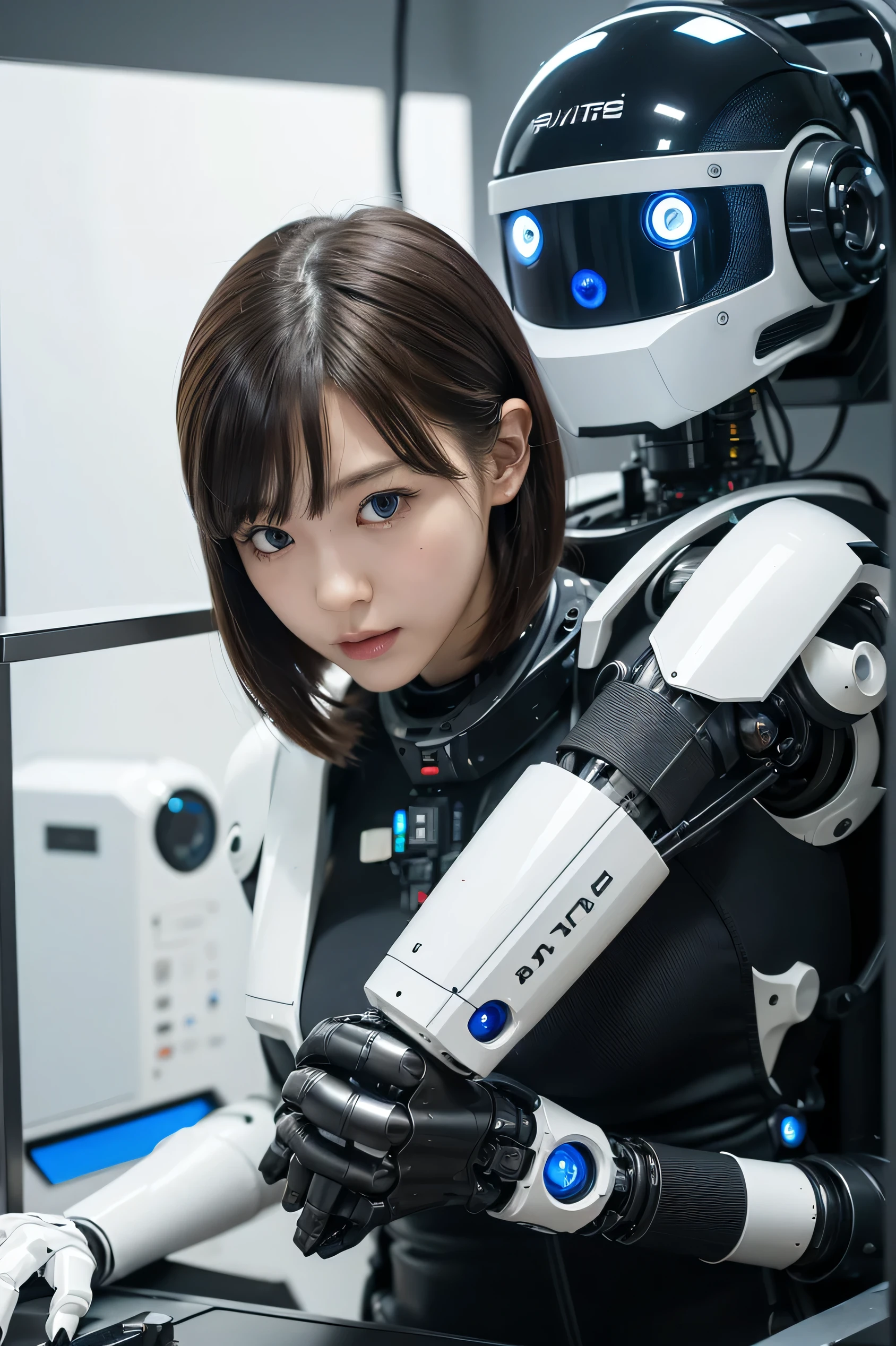 masterpiece, best quality, extremely detailed, portrait,Japaese android girl,Plump,a bit chubby,control panels,android,Droid,Mechanical Hand, ,Robot arms and legs, Black hair,Mechanical body,Blunt bangs,White Robotics Parts,perfect robot woman,Charging spot,Long Tube,A thick cable was connected to her neck,perfect mechanical body,white robotics body,future assembly plant,white body,She has repaired,black sponge joints,android assembly plant,android,laboratory,perfect machine body,white robot body,blue eyes