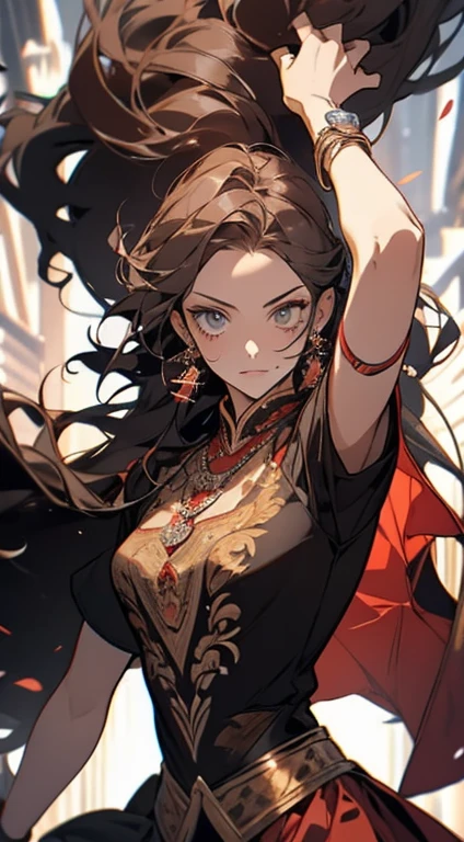 fechar-se, linda mulher rosto detalhado perfeito, long flowing hair, dress swaying in the wind, captured in a mid action pose, particles of poeira no ar,