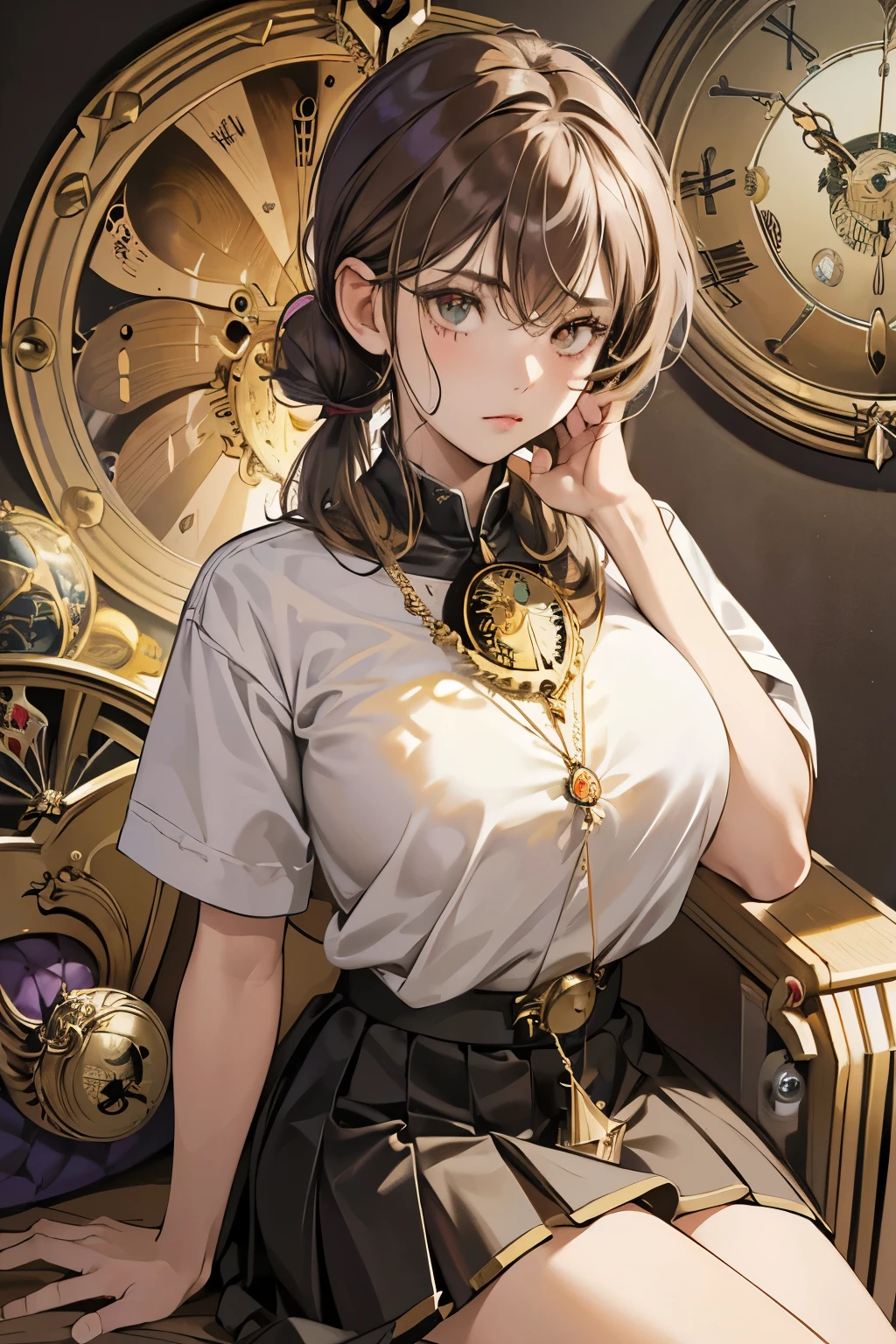 (absurdres, highres, ultra detailed),Masterpiece,intricate details,Best quality,8k,Realistic face,anime girl,Realistic skin texture,magnified textures, stunning clarity, ultra detailed eyes and faces, glare,(japanese school girl),sera fuku,light brown hair,gyaru,(tanned skin:1.2),(surrounded too many big pendulum clocks:1.7),(from avove:1.8),look at viewer,purple ribbon,sitting on the sofa,mini skirt,Short sleeve,(big breasts),(pony tail),powerful pose,Bad mood