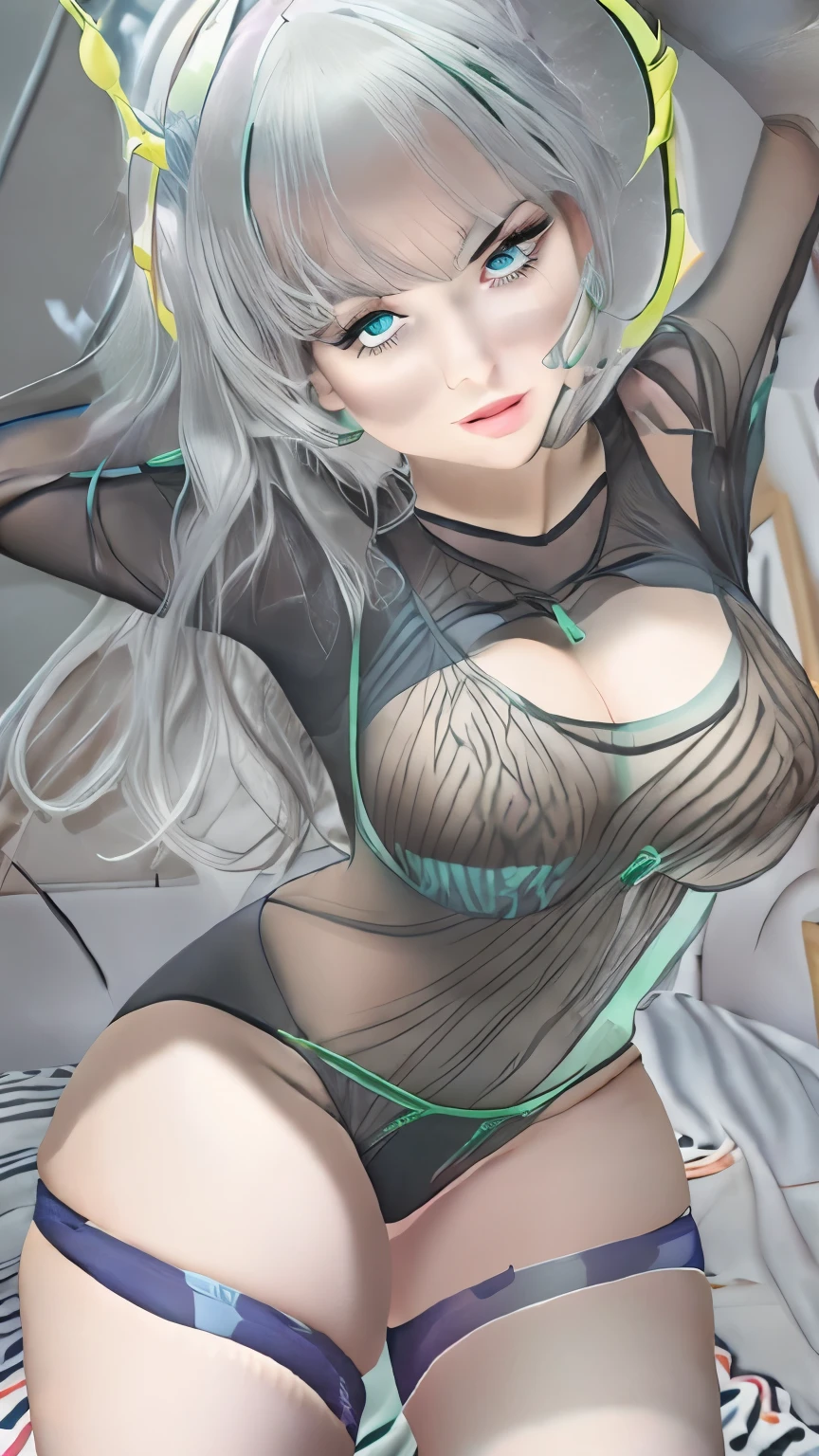 Crawling on all fours, under view, looking Down, arafed (((platinum-gray hair))) (((19 year old))) girl in a purple transparent top and (((transparent see-through green string panties))) posing on her bed, thicc, cleavage, (((white transparent thigh-high stockings))), pretty blue eyes, gentle smile, thin red glistening lips, sparkling earrings, thick neck, busty, buxom chested, soft curvy shape, chest up bust shot, beautiful curves, soft lighting, full body shot, view from the floor level