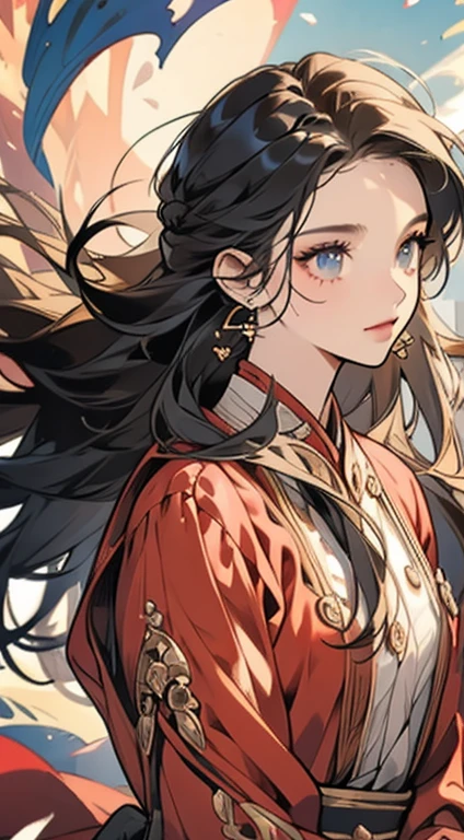 Close up, beautiful woman perfect detailed face, long flowing hair, dress billowing in the wind, captured in a mid action pose, dust particles in the air,