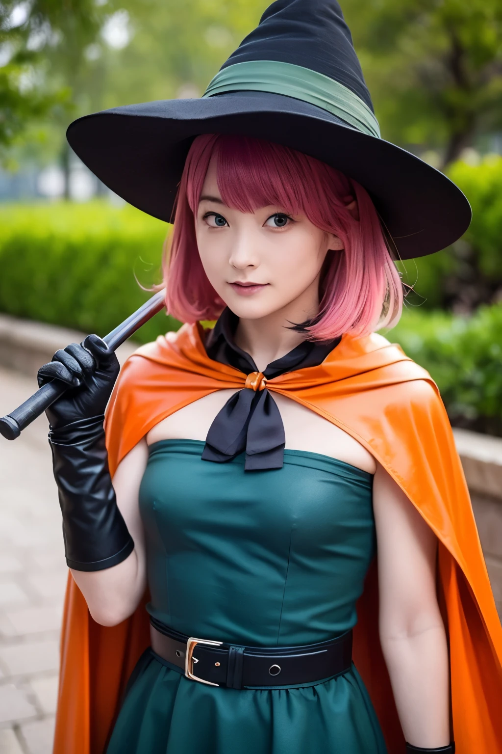 (masterpiece, highest quality:1.1), magician (dq3), (solo),One girl, alone, short hair, Pink Hair, Red eyes, witch hat, gloves, dress, Medium chest, Green costume, (belt), boots, Orange Cape, staff, Black socks, witch, ((upper body shot)), Fantasy Scenery, Otherworldly landscapes,