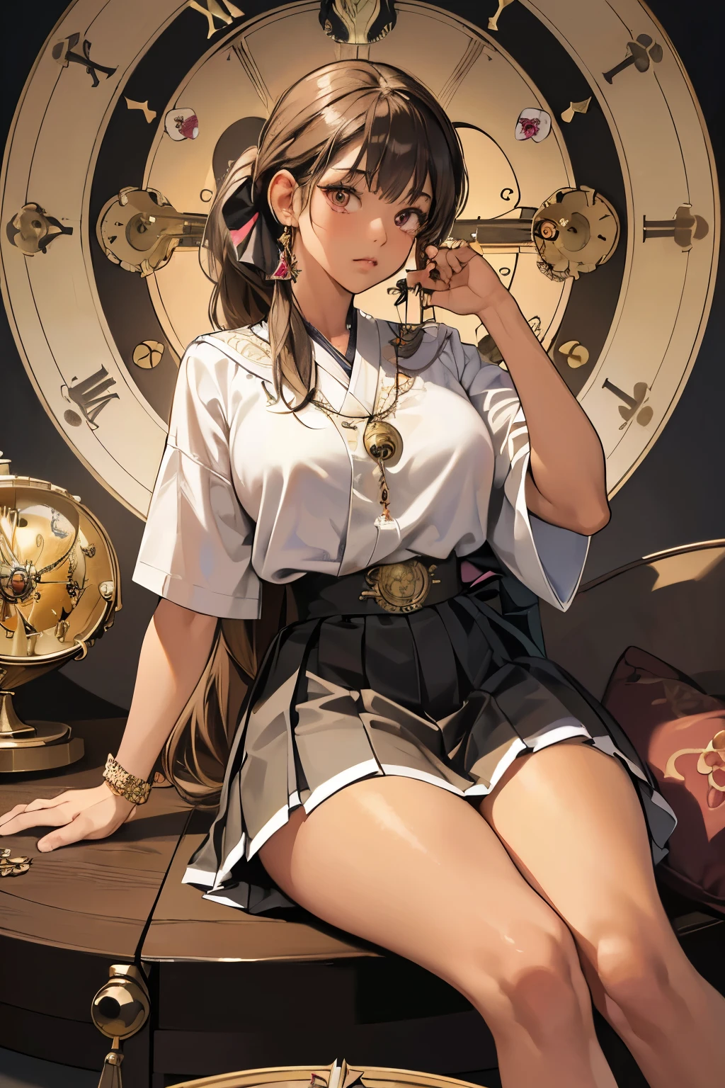 (absurdres, highres, ultra detailed),Masterpiece,intricate details,Best quality,8k,Realistic face,anime girl,Realistic skin texture,magnified textures, stunning clarity, ultra detailed eyes and faces, glare,(japanese school girl),sera fuku,light brown hair,gyaru,(tanned skin:1.5),(surrounded too many big pendulum clocks:1.5),dark atomosphere,(from avove:1.8),look at viewer,purple ribbon,sitting on the sofa,mini skirt,Short sleeve,(big breasts),(pony tail),powerful pose,Bad mood