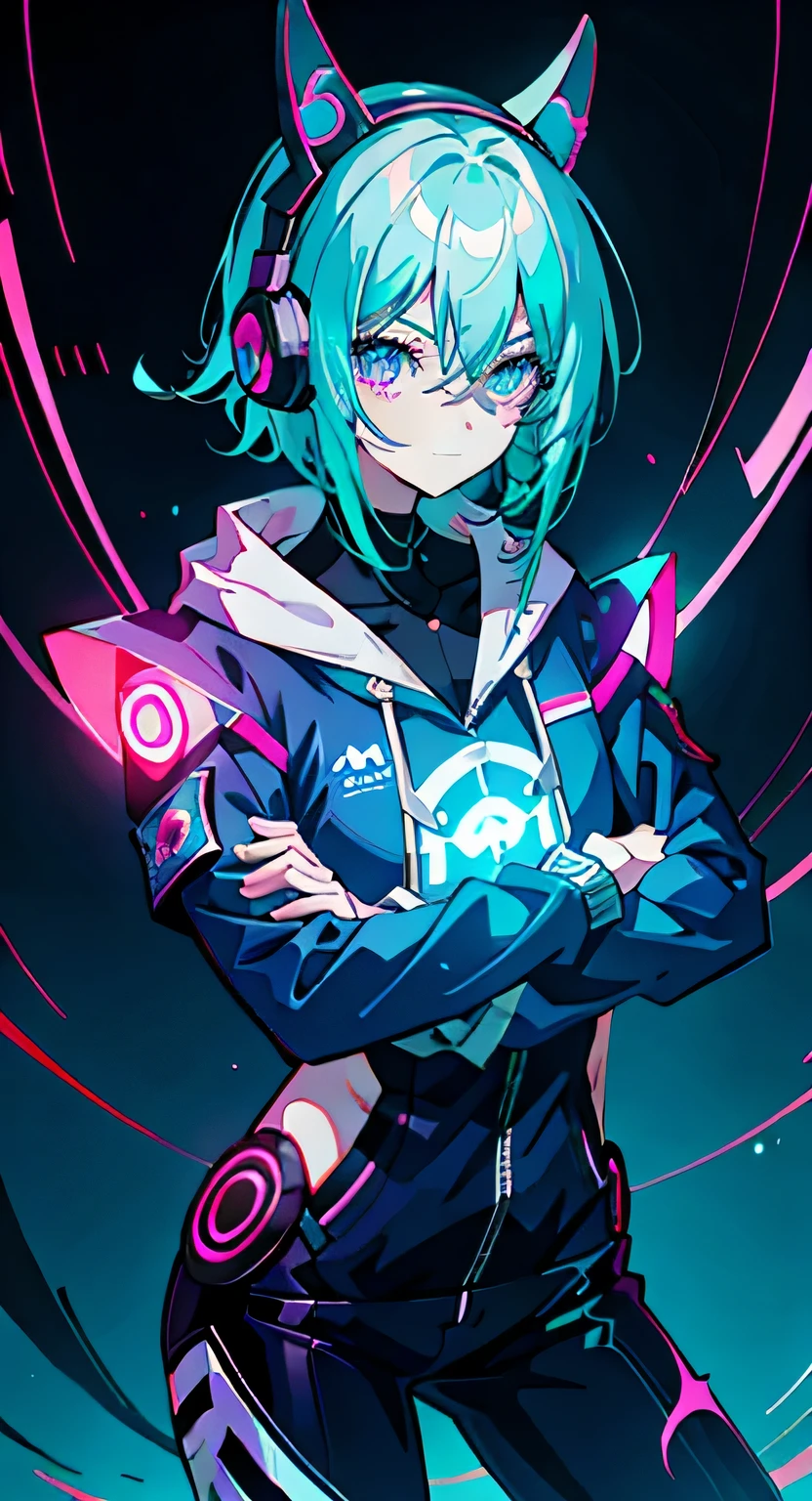 (((masterpiece, best quality, illustration, extremely detailed, 8k, 4k, 2k))), (1girl), ((shiny hair, multicolored hair)), ((iridescent hair)), ((face mask) ), ((teal neon light)), ((hands behind back)), (black jacket), (((purple retro background))), (looking at viewer), (black pants), ((butterflies )), (looking at viewer), (upper body)