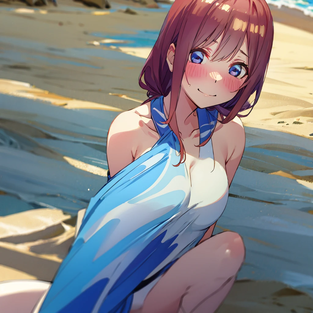 big Breasts、Blue swimsuit、Embarrassed face、blush、big 、Sandy Beach、Beach、bikini、Cleavage、beauty、Her breasts are exposed、Expose、乳首をExpose、brown hair、Clothes were taken off.、The girl is alone、My stomach feels tight、Showing off her chest