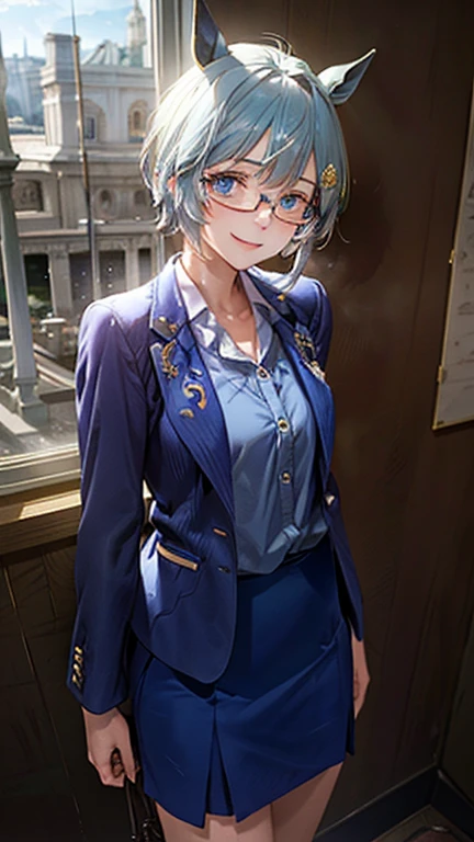 Seiun Sky (umamusume), (masterpiece:1.2, top-quality), (realistic, photorealistic:1.4), beautiful illustration, (natural side lighting, movie lighting), nsfw, looking at viewer, cowboy shot, front view:0.6, 1 girl, japanese, teacher, perfect face, cute and symmetrical face, shiny skin, blue eyes, long eye lasher, (large breasts:0.8), beautiful hair, beautiful face, beautiful detailed eyes, beautiful clavicle, beautiful body, beautiful chest, beautiful thigh, beautiful legs, beautiful fingers, ((detailed cloth texture, (saxe blue business suit jacket), lavender collared shirts, saxe blue tight skirt, high heels), wayfarer glasses), (beautiful scenery), evening, class room, school, standing, (graceful, smile, upper eyes),