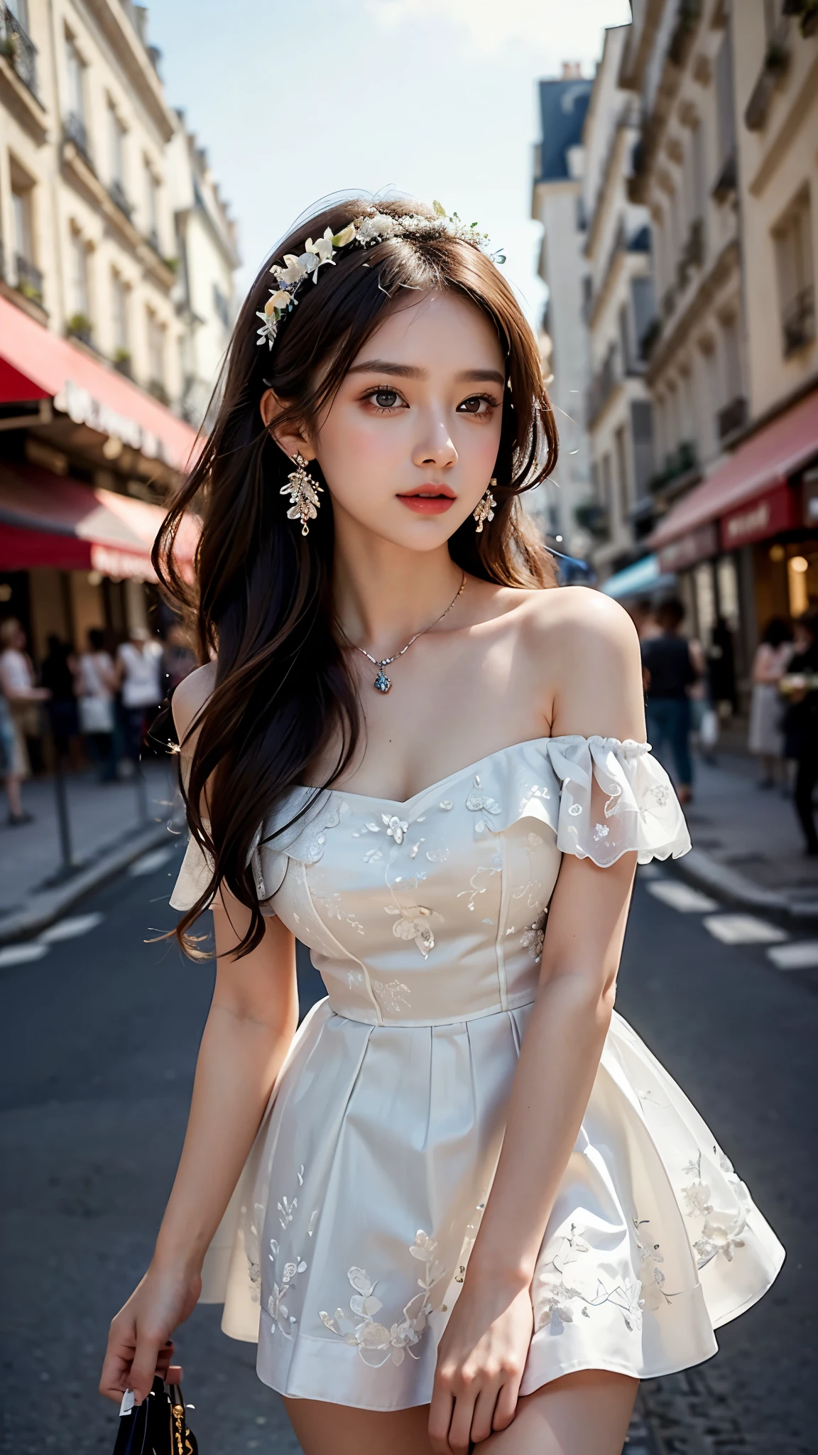Best quality, masterpiece, ultra high res, photorealistic, raw photo, ((very high 2000 PPI pixel density)), ((depth of Field)), unity 8k wallpaper,((masterpiece: 1.2)), ((best quality: 1.2)), (extremely detailed CG unity 8k wallpaper, masterpiece, best quality, ultra-detailed, best shadow), ((detailed background)), ((beautiful detailed face, beautiful detailed eyes)), High contrast, ((an extremely delicate and beautiful)), ((Beautiful girl: 1.2)), dynamic angle, beautiful detailed glow, realistic, 20 years beautiful girl, 1girl, solo, long hair, jewelry, necklace, black hair, ((A-Line White Floral Holiday Cocktail Party Valentine's Day Off Shoulder Short Sleeve Knee Length Organza Stretch Satin with Embroidery Appliques Dress)), realistic, wavy hair, grey eyes, lips, earrings, (((Paris streets, Paris shoping, Paris nature, Paris beauty, Paris Roads))), round young breast, slender girl, perfect figure, Ultra HD, Ultra Realistic, ((realistic: 1.2)), ((smile: 1.2)), ((detailed Dress)), ((detailed background)), ((detailed face)), ((High resolution picture)), ((high quality dress)), sexy angles, beautiful Background, walking, Street Fashion