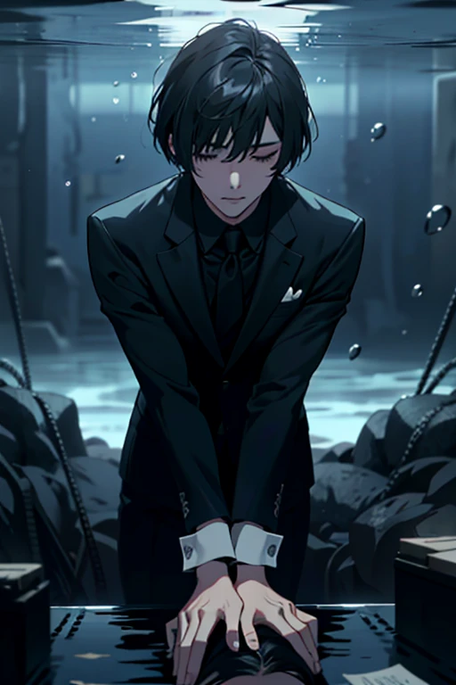 A man in a suit with a bob haircut sinks underwater Black die Eyes closed Leaning forward painful Weakness Negative Hands down Leaning forward Blinking eyes whole body darkness dark