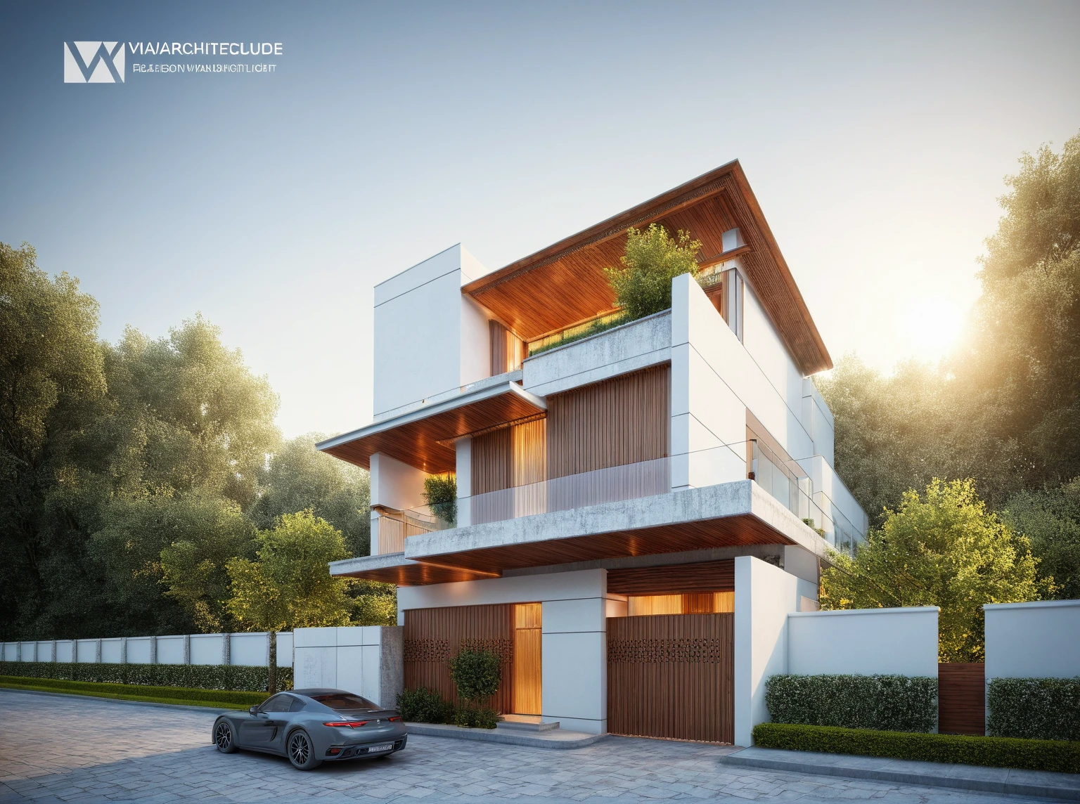 modern villa,, (modern style:1.2), exterior design, perspective view, (white wall:1.3), (block sidewalks and asphalt roads), (next door neighbor's house), (sun light sky background), Low trees around the house, overall peaceful atmosphere cinematic photo, (Neutral lighting is suitable for the modern villa, light color thermometer sun light 5500 KEVIN), hyperrealistic artï¼professional, 8k, highly detailed ï¼, (architectural design visualization), (reflection), (focus on object), (material normal bump real reflection), (scattered light), (light ray), (multi-beam light), (sunbeam) (multi-level reflection), (corona software visualization render:1.2),(((Best Quality))), ((Masterpiece)), ((best illustration)), ((best shadows)), ((Super Detail)), (Intricate lines), (Photorealism),(hyper detail), ((archdaily)), ((award winning design)), (dynamic light), ((day)), (perfect light), (shimering light), ((photorealistic)), ((intricate detail)), ((extreme detail)), ((science)), ((hyper-detail)), ((super detail)), ((super realistic)), ((crazy detail)), ((octane render)), ((Cinematic)), ((trending on artstation)), ((High-fidelity)), ((Viwvid)), ((Crisp)), ((Bright)), ((Stunning)), ((Eye-catching)), ((High-quality)),((Sharp))((Bright)), ((Stunning)), Natural, ((Eye-catching)), ((Illuminating)), ((Flawless)), ((High-quality)),((Sharp edge render)), ((medium soft lighting)), ((photographic render)), ((detailed archviz)), reality environment, spring setting, tropical style space, Aluminum gates, balcony doors, modern townhouse design windows